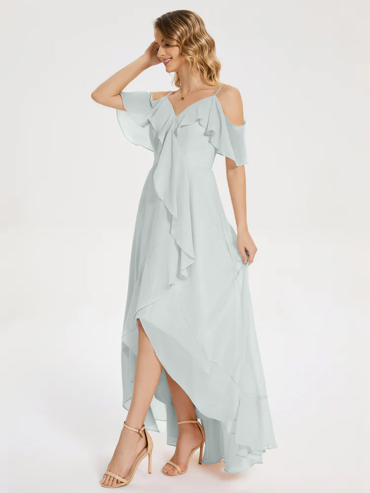Robe Demoiselle D Honneur Vert Celadon Asymétrique Mousseline Robes Demoiselle D'Honneur À Lacet
