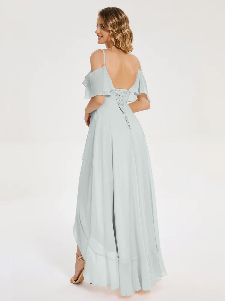 Robe Demoiselle D Honneur Vert Celadon Asymétrique Mousseline Robes Demoiselle D'Honneur À Lacet