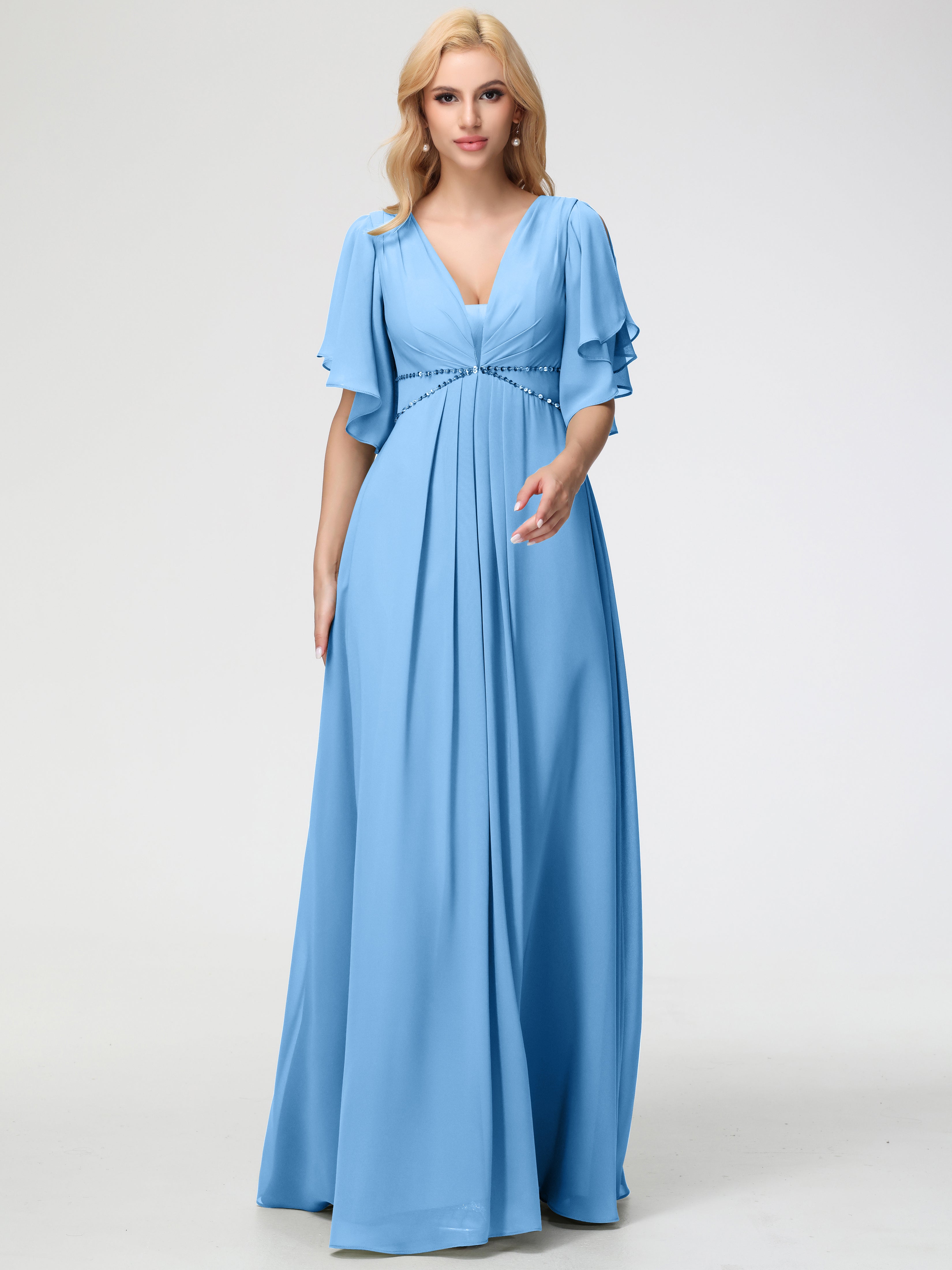 Robe Demoiselle D Honneur Bleue Col V Manches à Volants Fourreau/Colonne Mousseline Robe Demoiselle d'Honneur