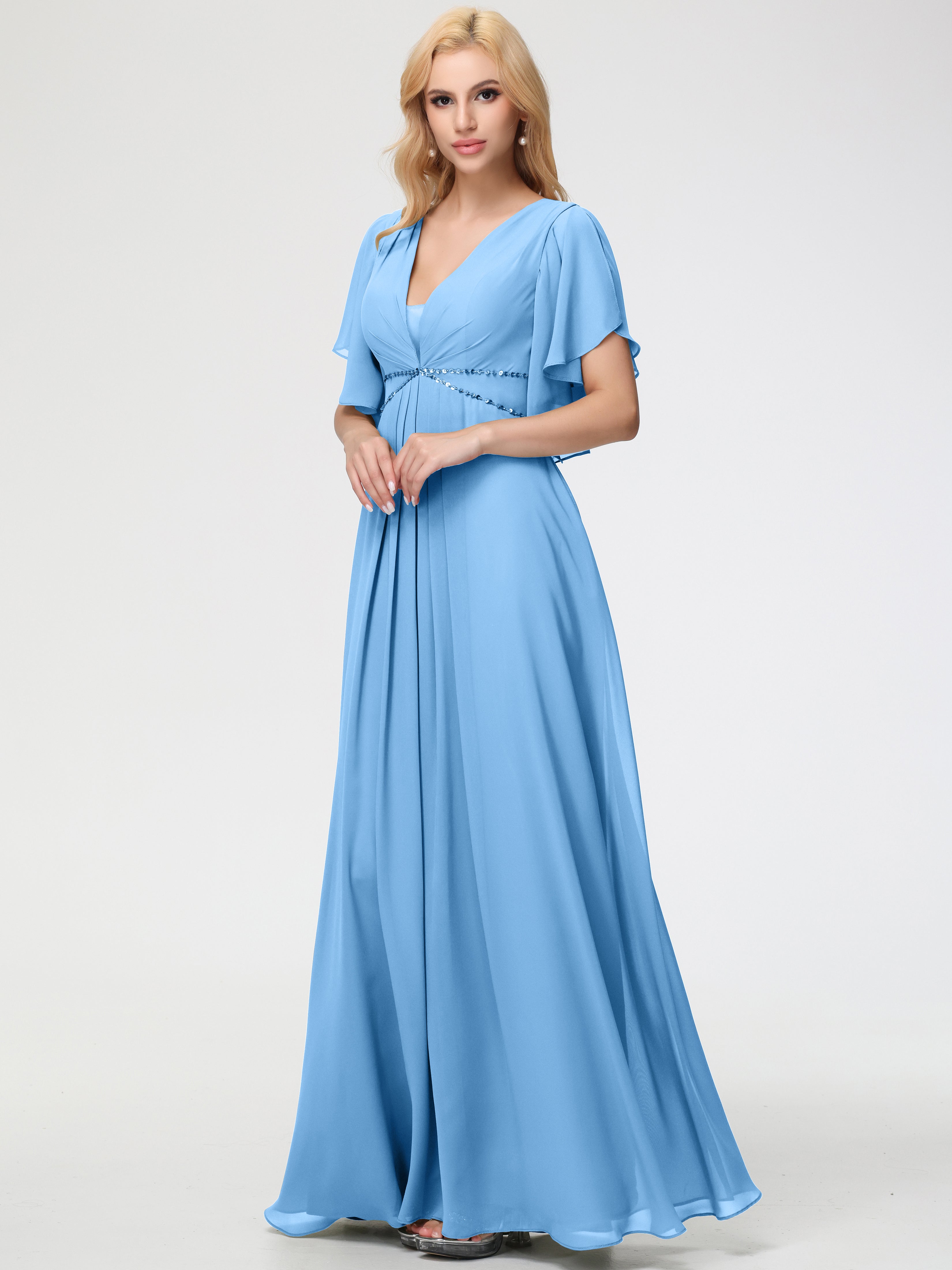 Robe Demoiselle D Honneur Bleue Col V Manches à Volants Fourreau/Colonne Mousseline Robe Demoiselle d'Honneur