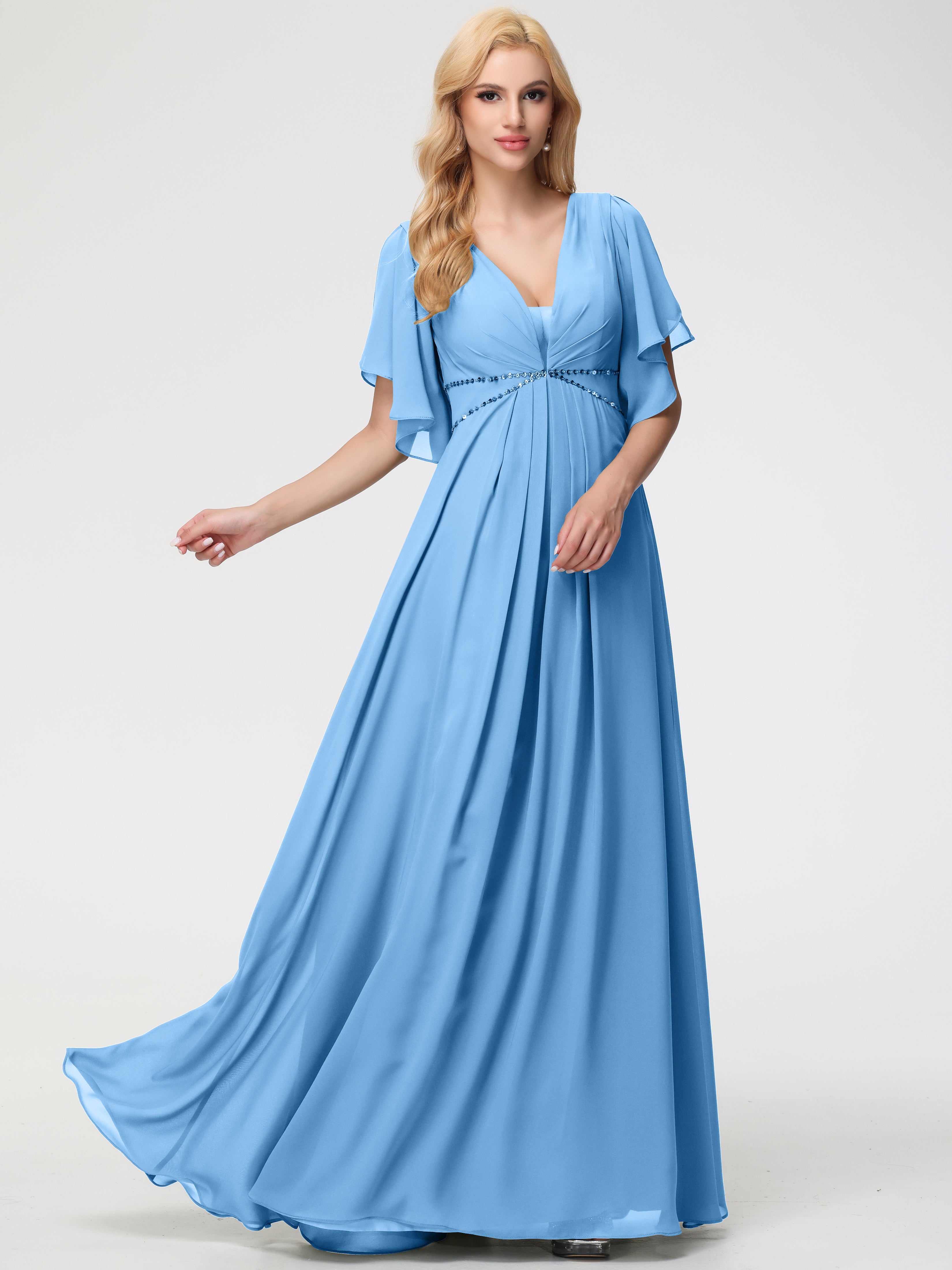 Robe Demoiselle D Honneur Bleue Col V Manches à Volants Fourreau/Colonne Mousseline Robe Demoiselle d'Honneur