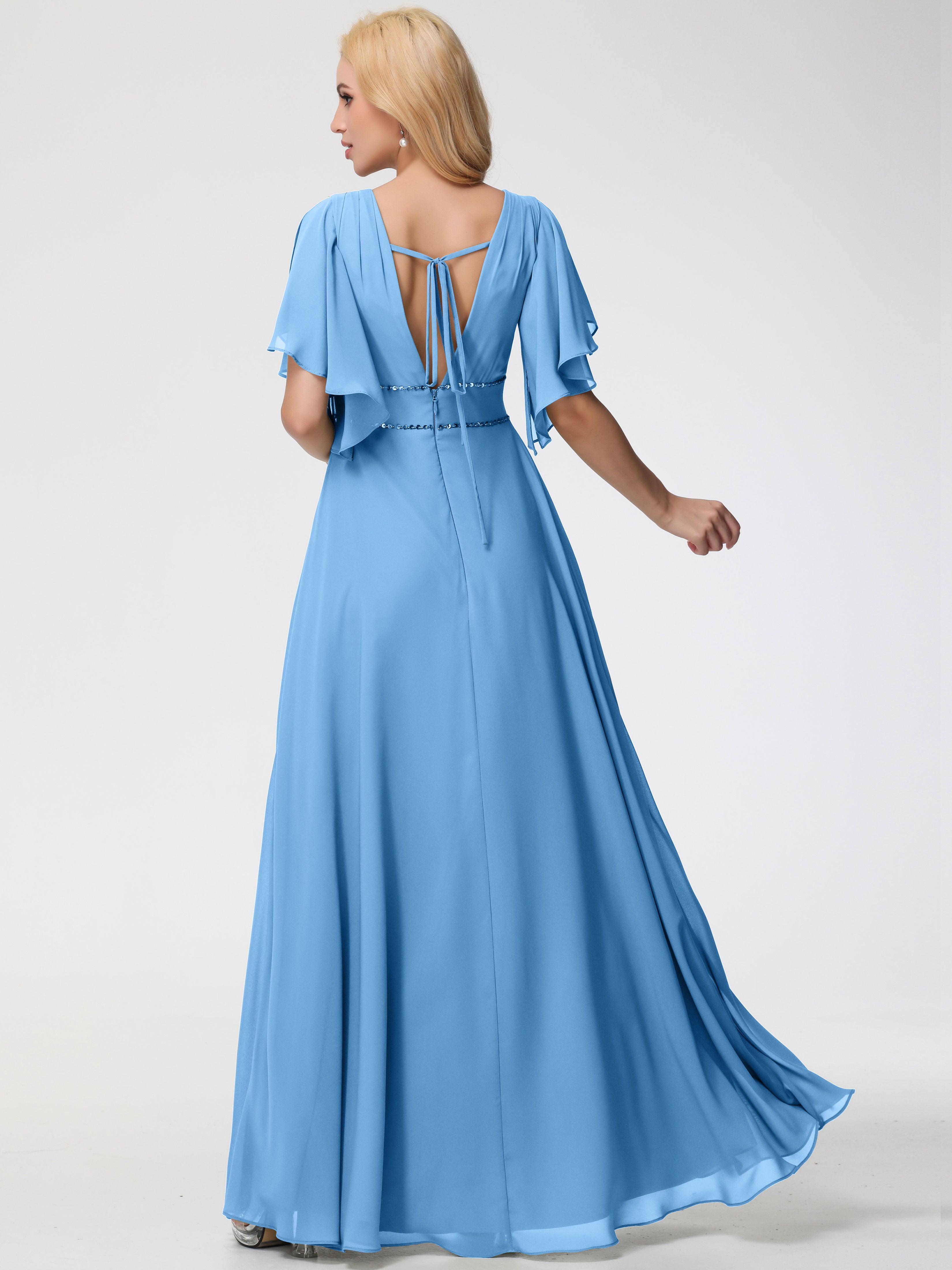 Robe Demoiselle D Honneur Bleue Col V Manches à Volants Fourreau/Colonne Mousseline Robe Demoiselle d'Honneur