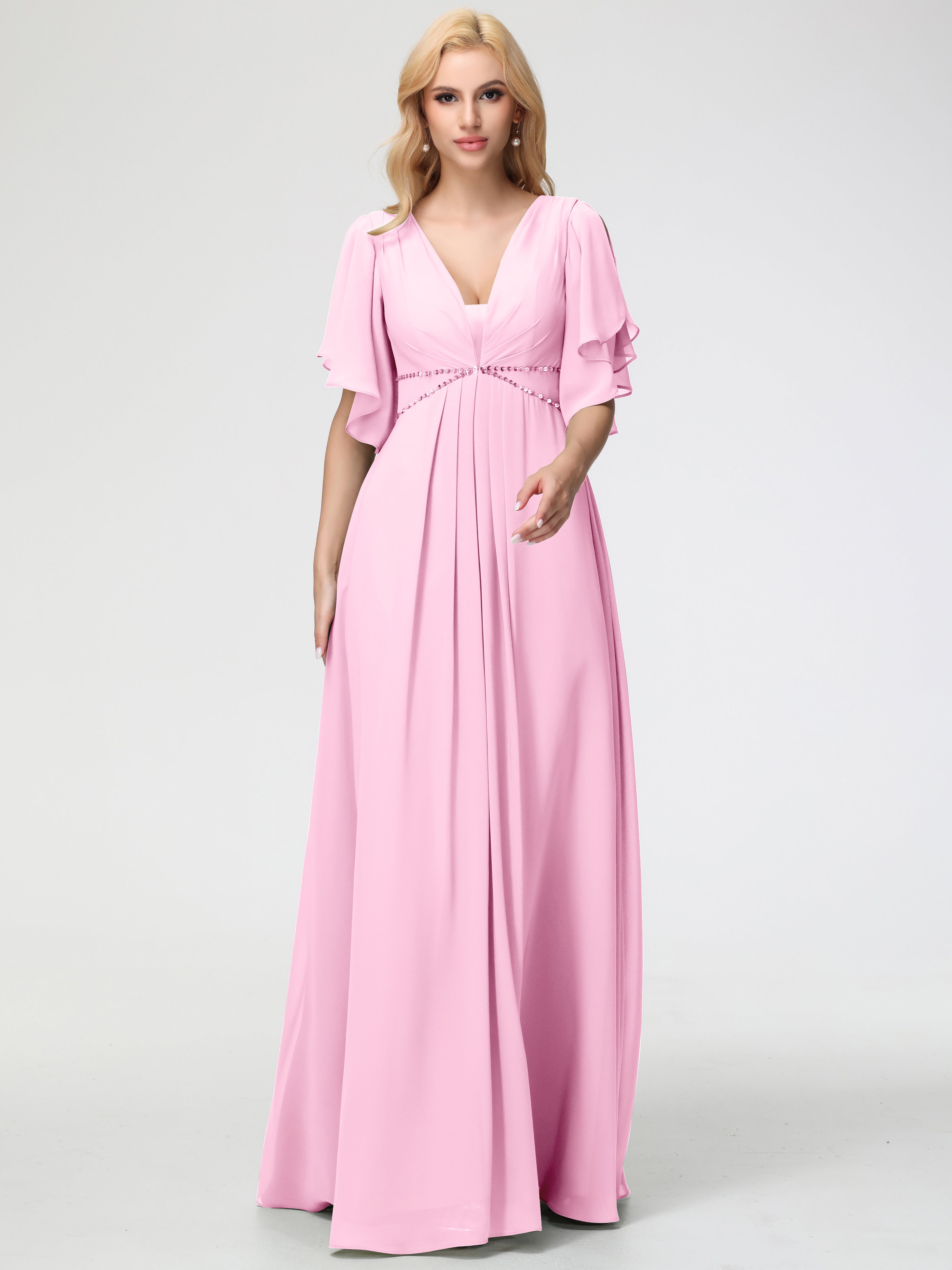 Robe Demoiselle D Honneur Rose Bonbon Col V Manches à Volants Fourreau/Colonne Mousseline Robe Demoiselle d'Honneur