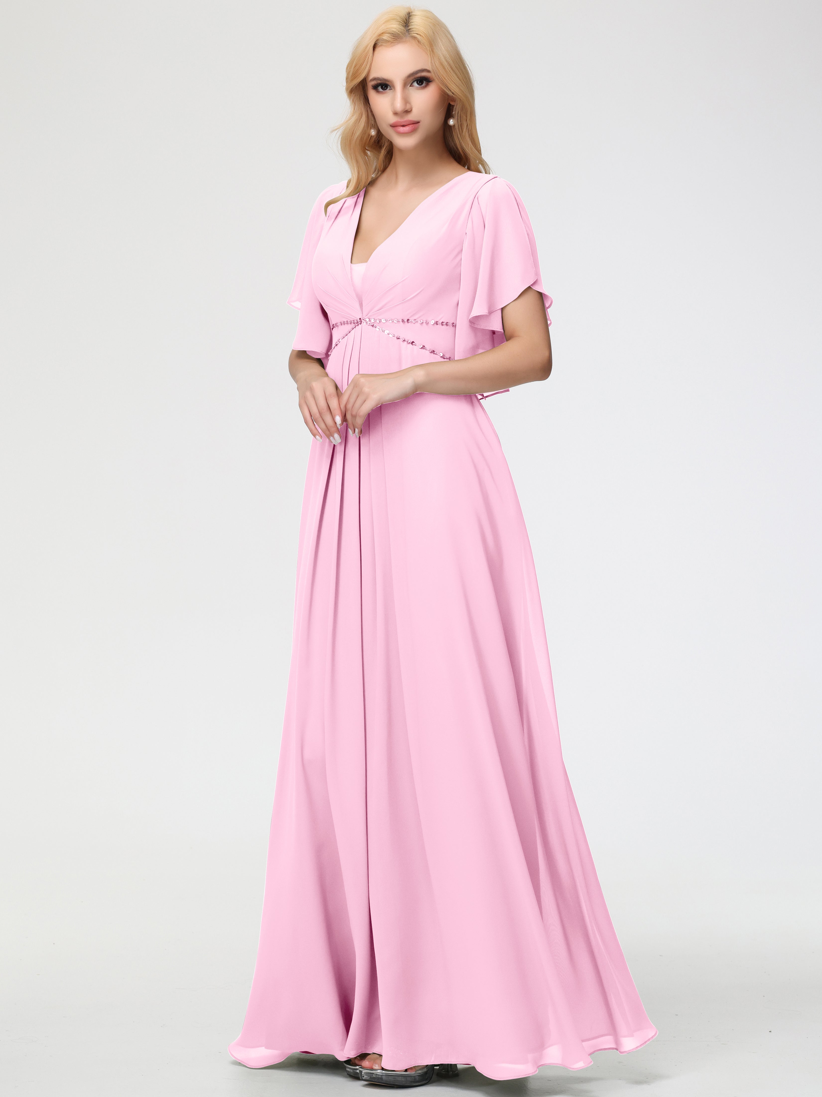 Robe Demoiselle D Honneur Rose Bonbon Col V Manches à Volants Fourreau/Colonne Mousseline Robe Demoiselle d'Honneur