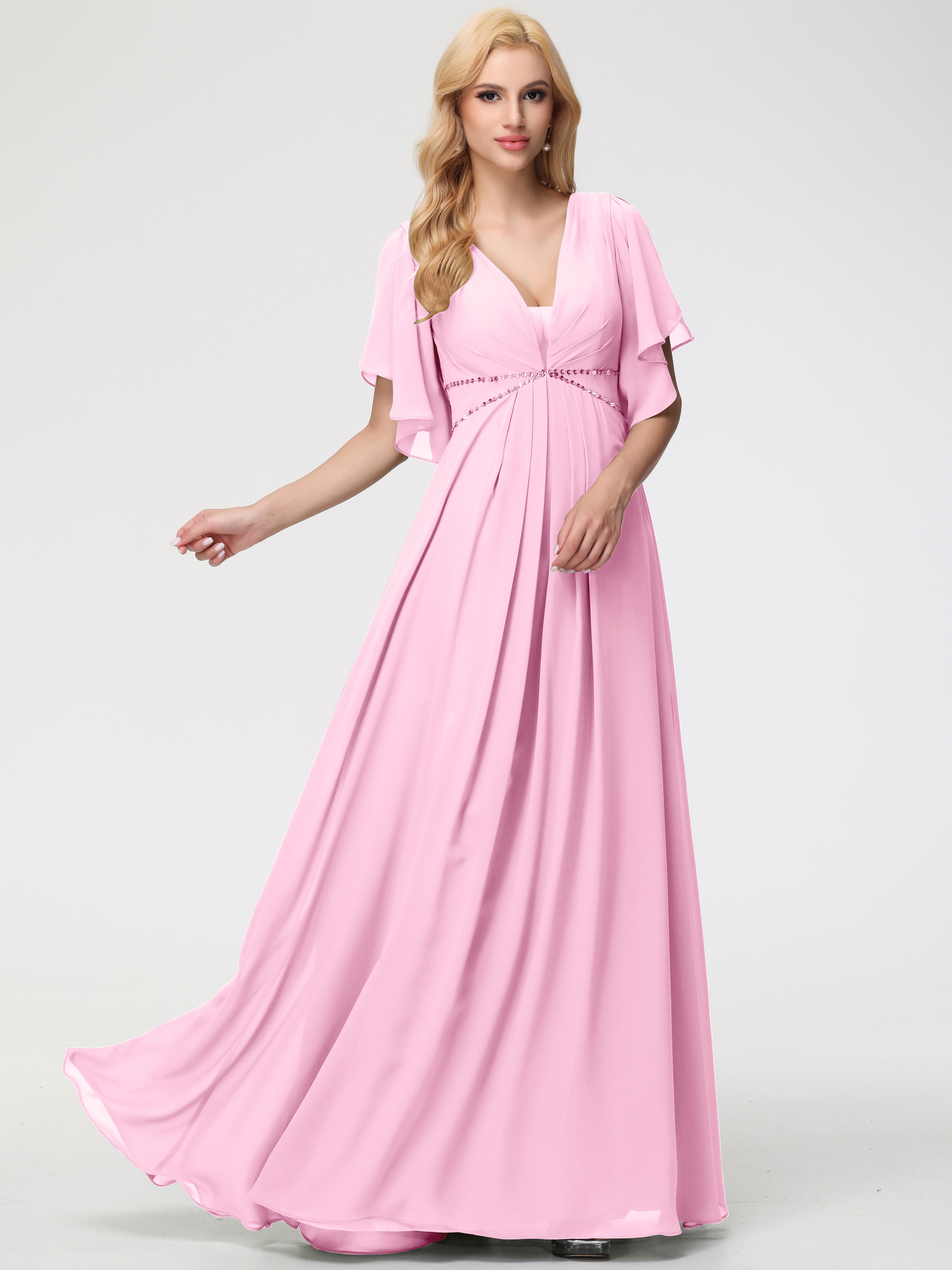 Robe Demoiselle D Honneur Rose Bonbon Col V Manches à Volants Fourreau/Colonne Mousseline Robe Demoiselle d'Honneur