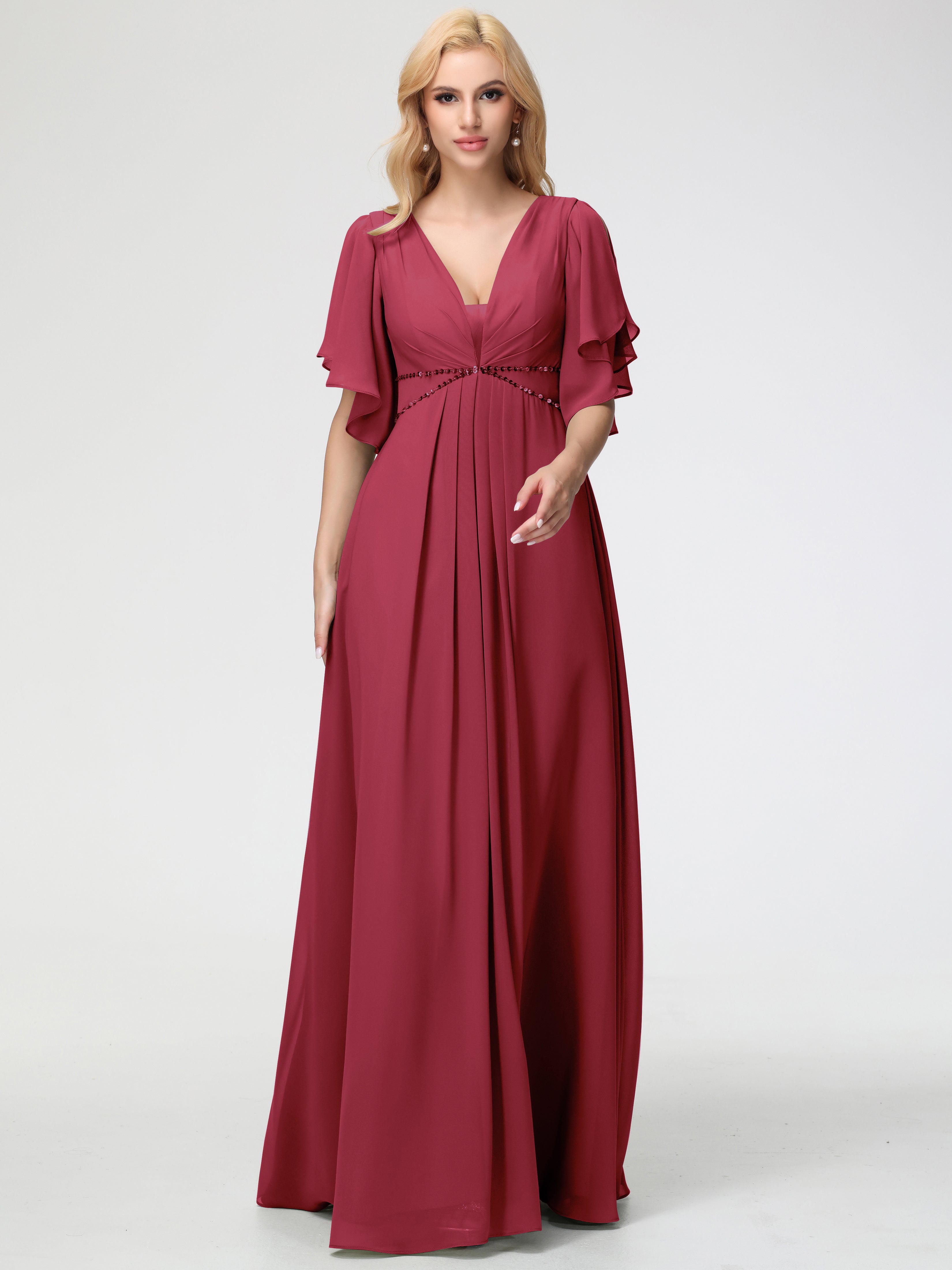 Robe Demoiselle D Honneur Rose Cannelle Col V Manches à Volants Fourreau/Colonne Mousseline Robe Demoiselle d'Honneur