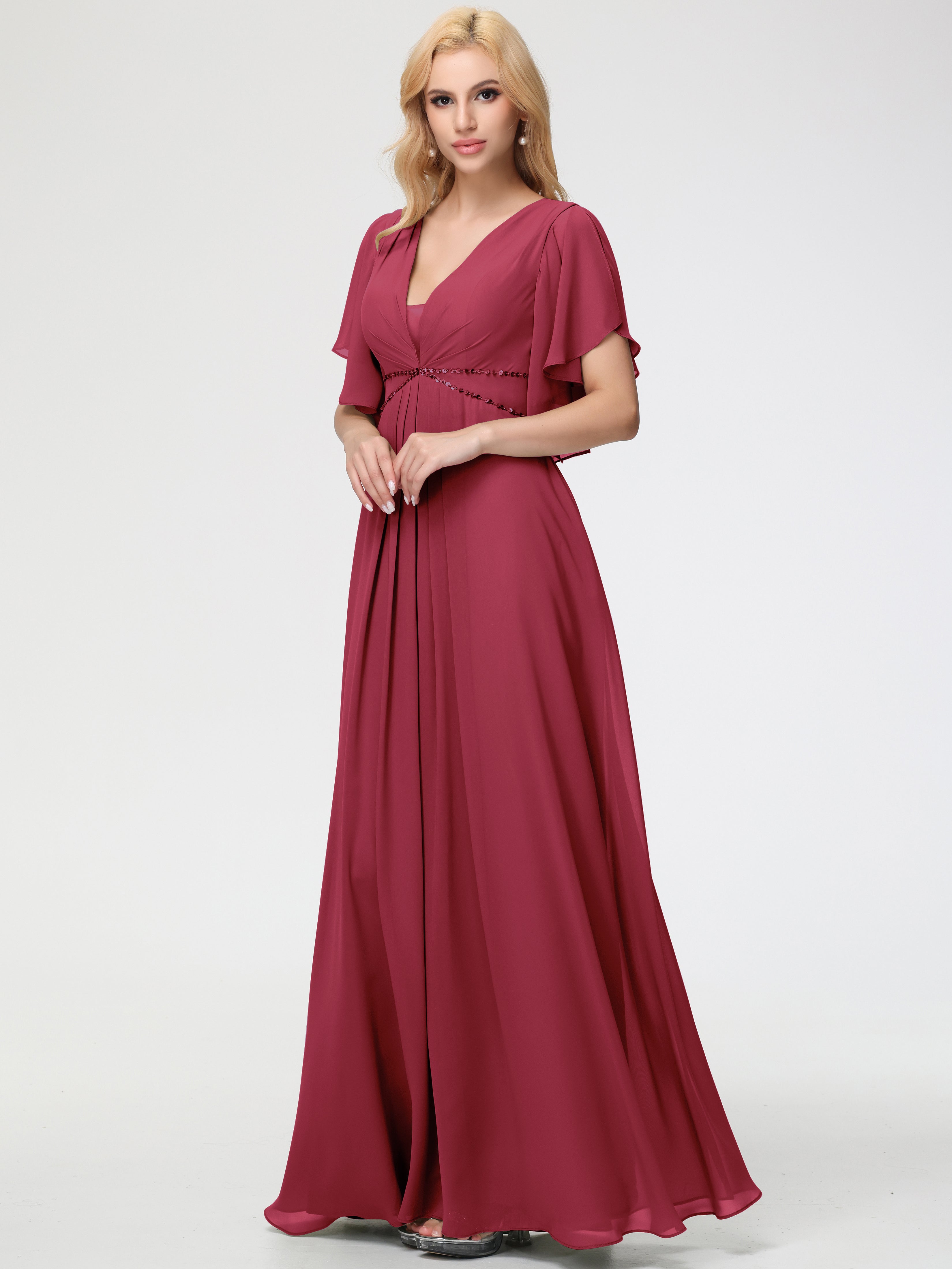 Robe Demoiselle D Honneur Rose Cannelle Col V Manches à Volants Fourreau/Colonne Mousseline Robe Demoiselle d'Honneur
