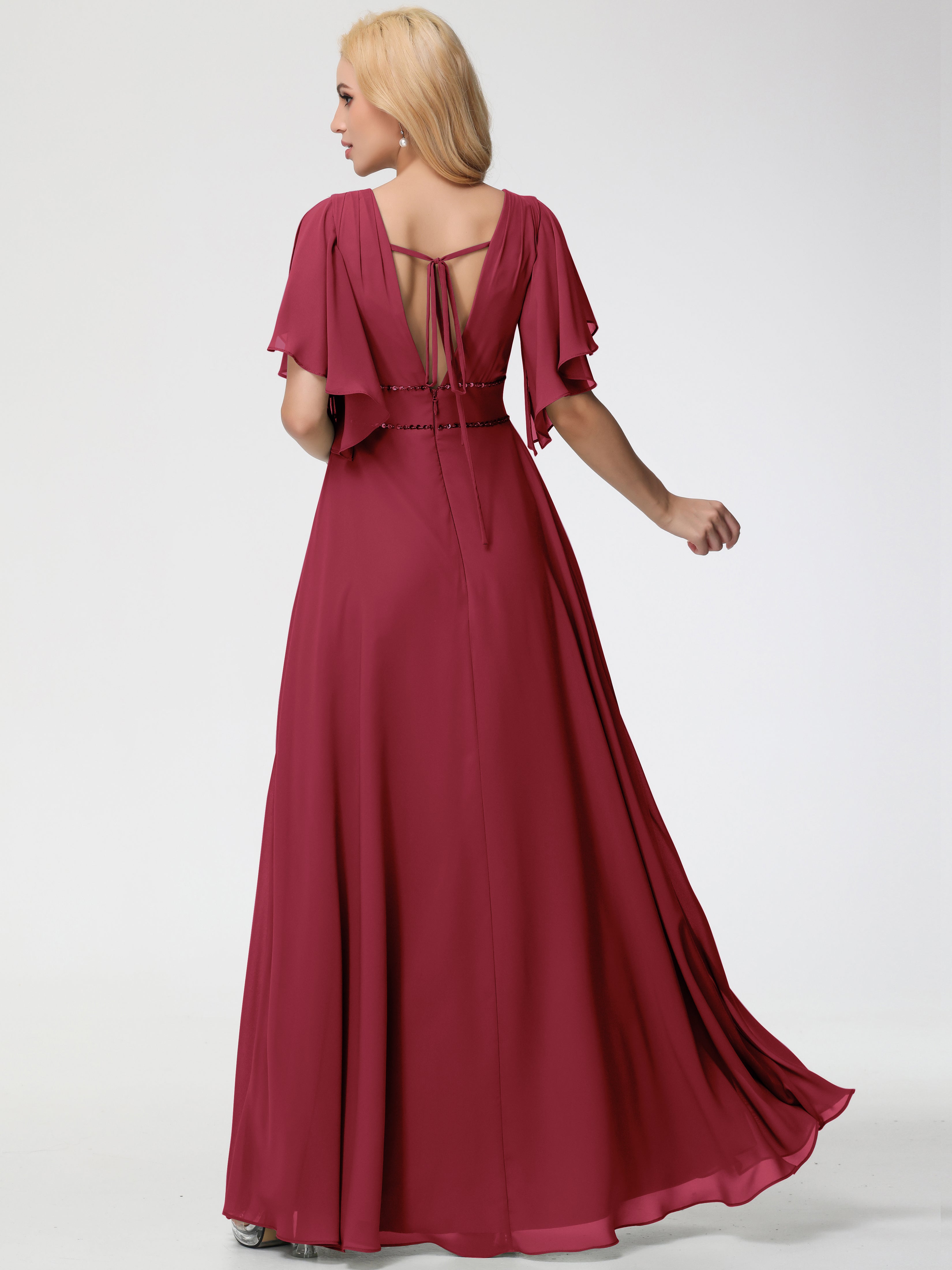 Robe Demoiselle D Honneur Rose Cannelle Col V Manches à Volants Fourreau/Colonne Mousseline Robe Demoiselle d'Honneur