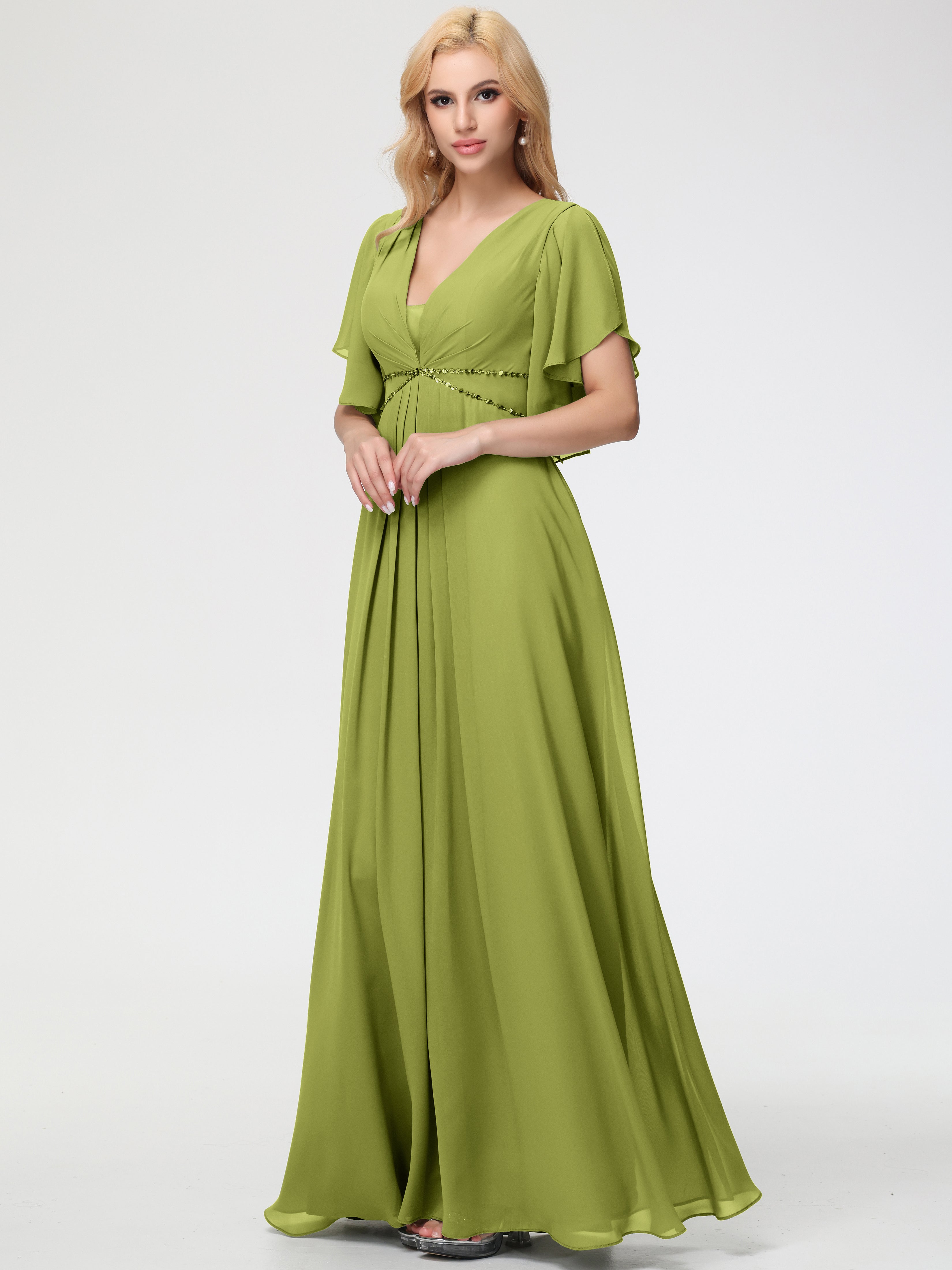 Robes de Demoiselle D'honneur Trèfle Col V Manches à Volants Fourreau/Colonne Mousseline Robe Demoiselle d'Honneur