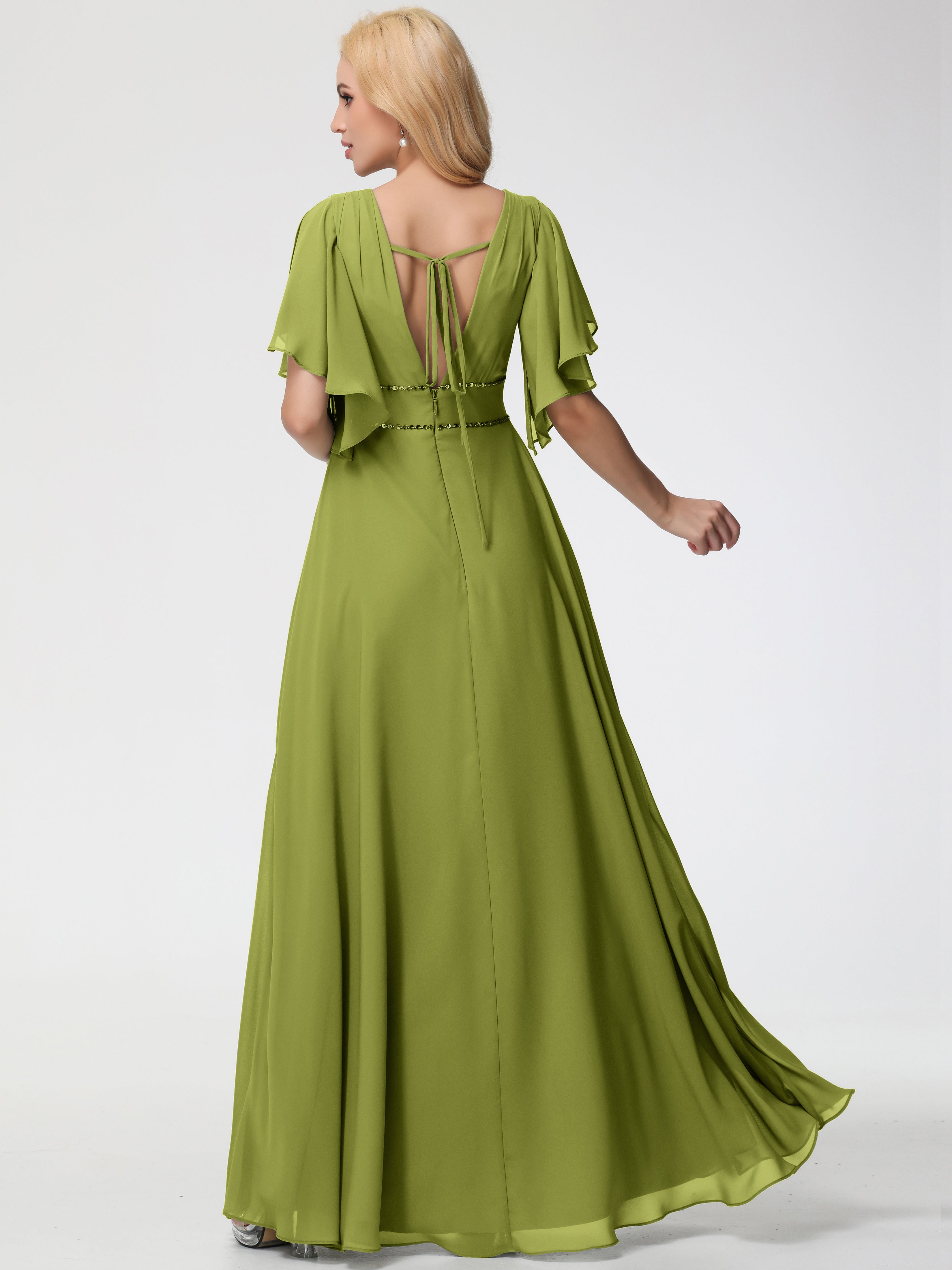 Robes de Demoiselle D'honneur Trèfle Col V Manches à Volants Fourreau/Colonne Mousseline Robe Demoiselle d'Honneur