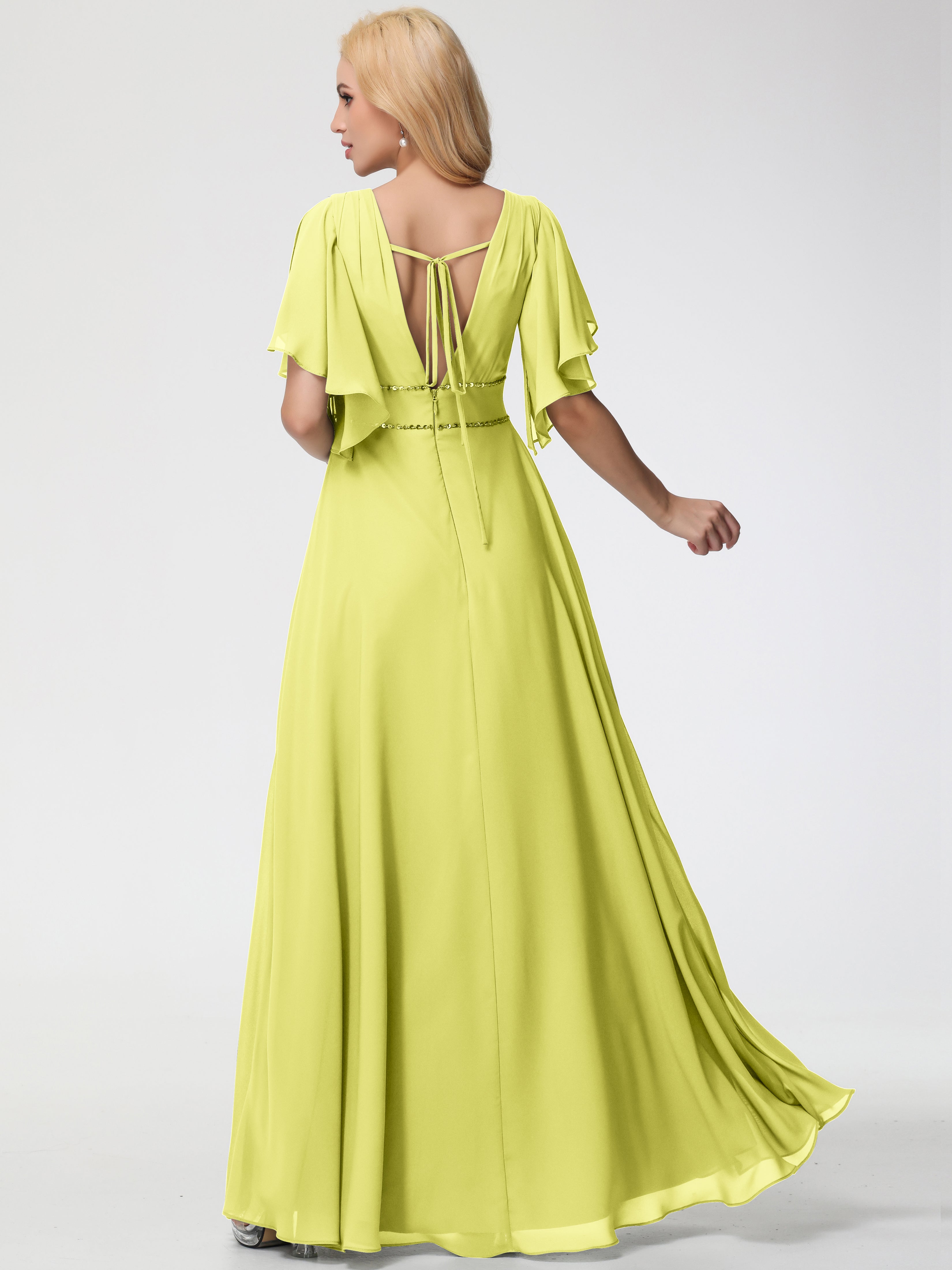 Robes de Demoiselle D'honneur Jonquille Col V Manches à Volants Fourreau/Colonne Mousseline Robe Demoiselle d'Honneur