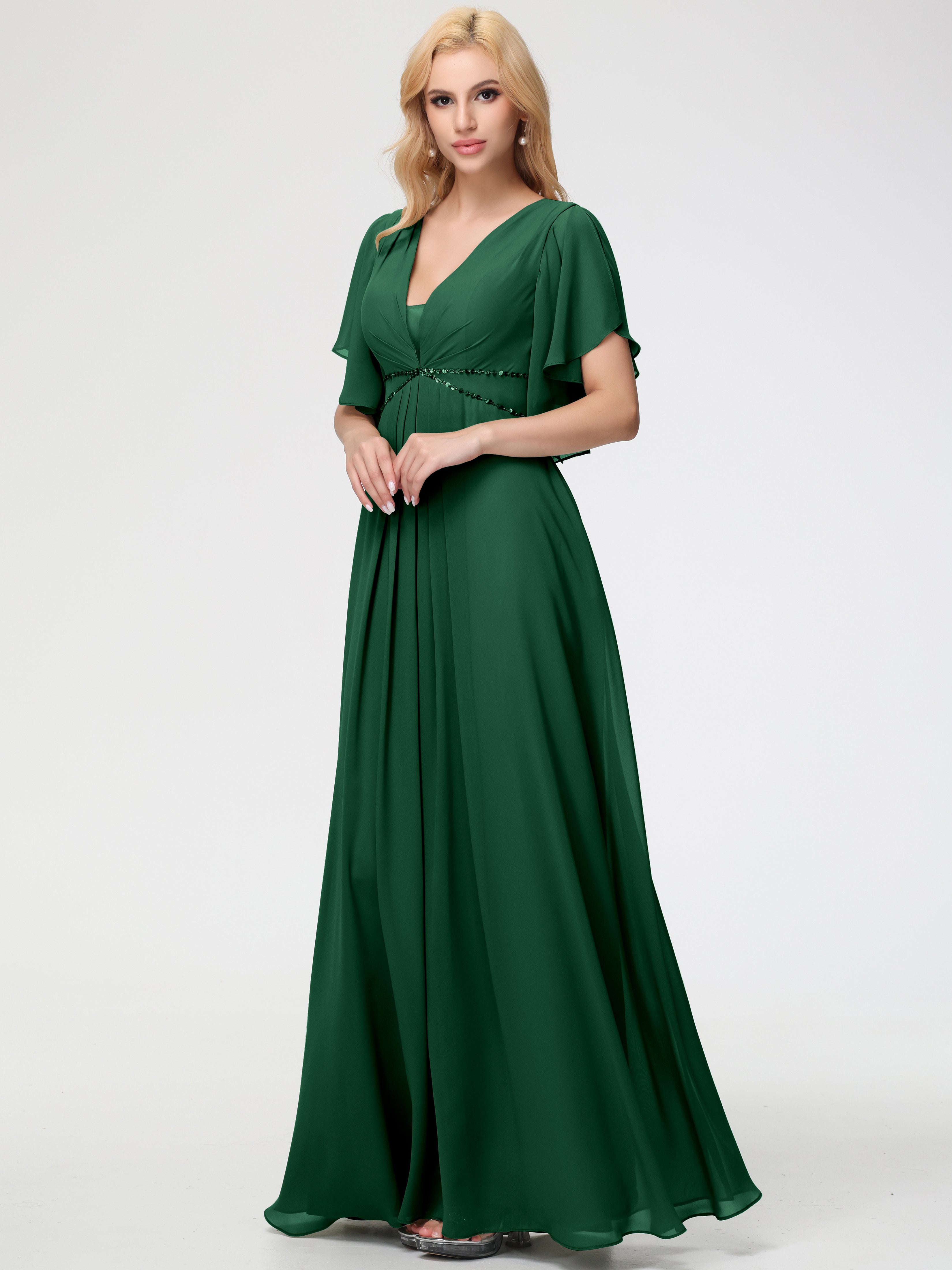 Robe Demoiselle D Honneur Vert Foncé Col V Manches À Volants Fourreau/Colonne Mousseline Robe Demoiselle D'Honneur