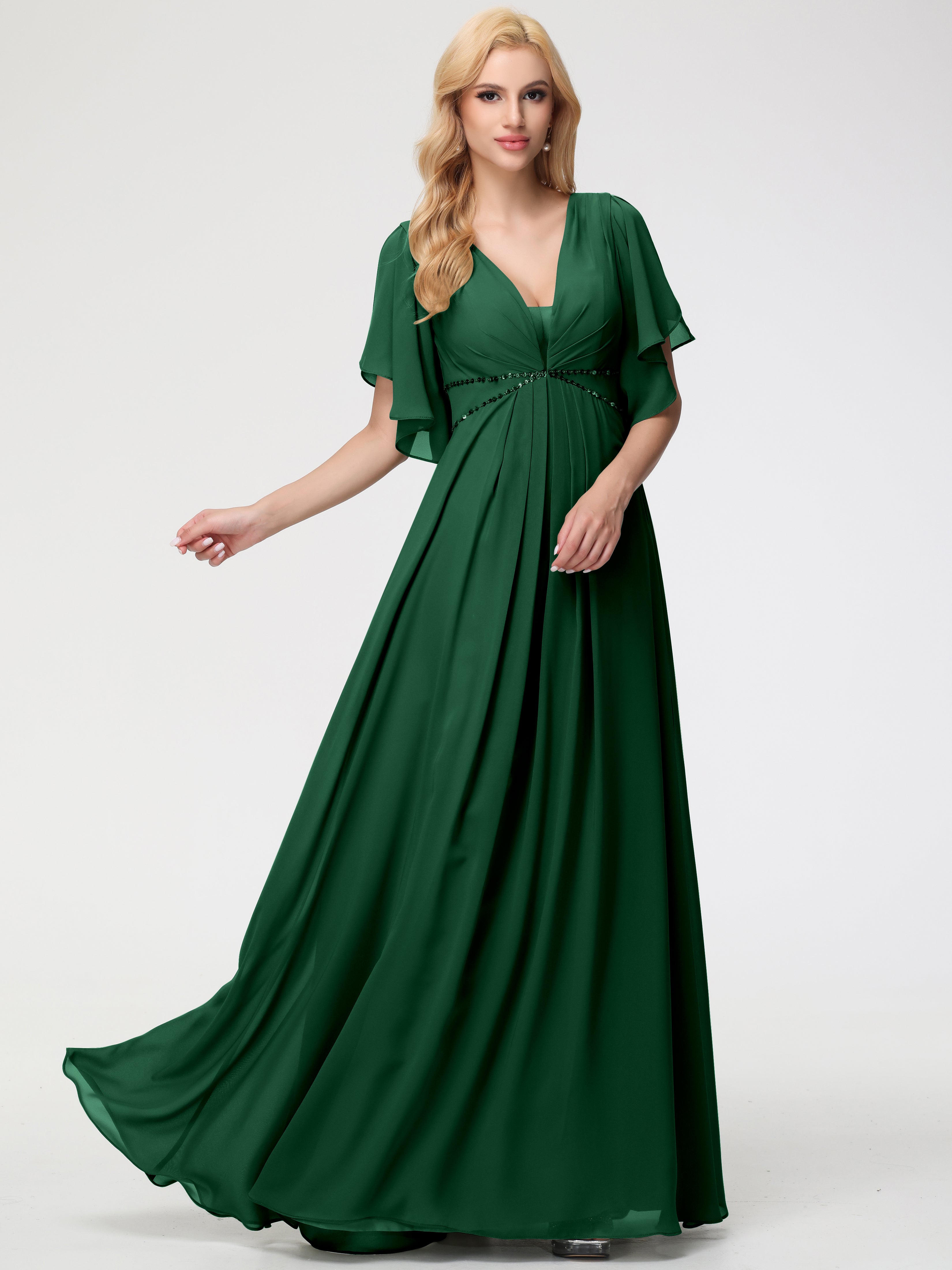 Robe Demoiselle D Honneur Vert Foncé Col V Manches À Volants Fourreau/Colonne Mousseline Robe Demoiselle D'Honneur
