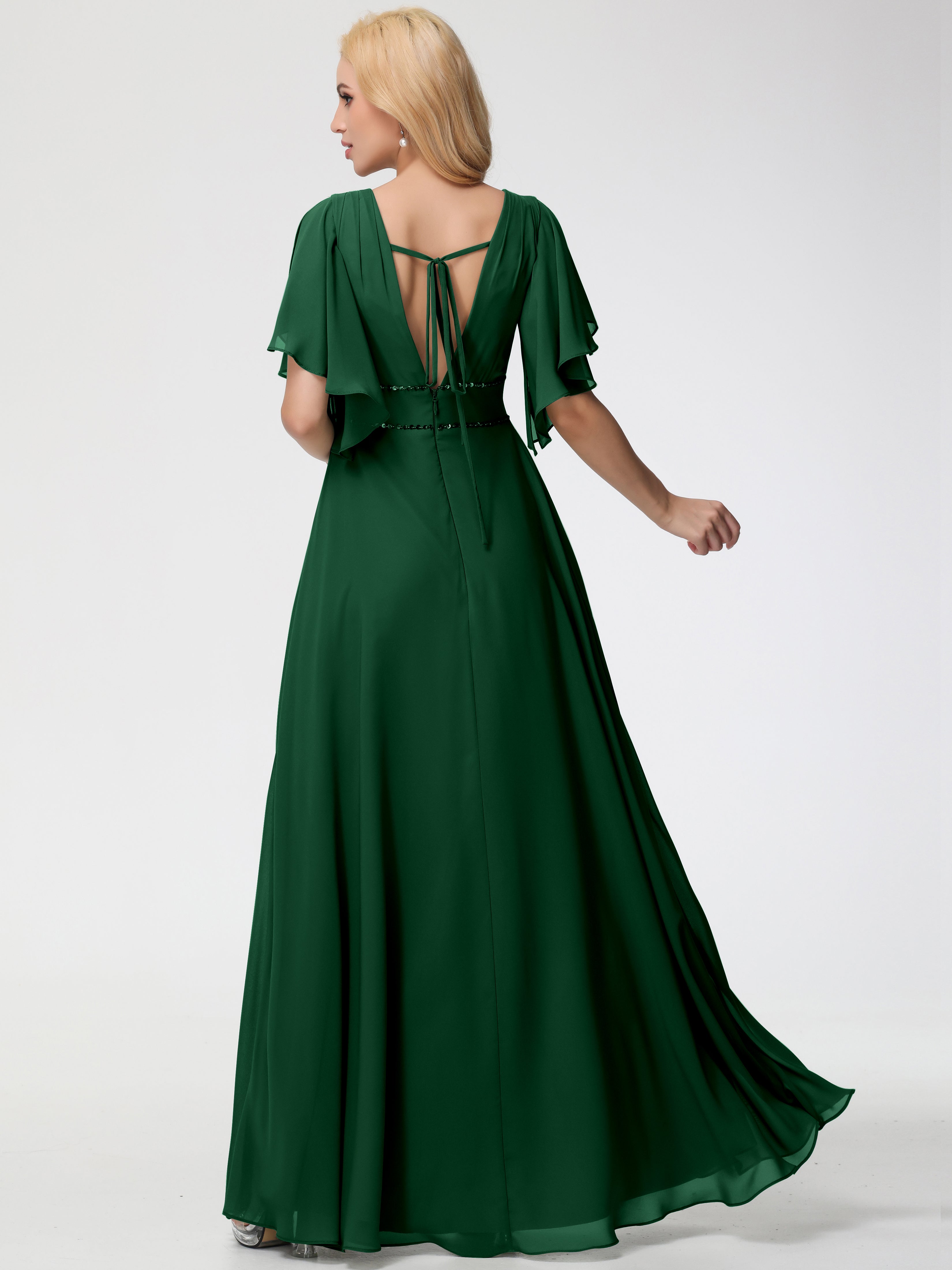 Robe Demoiselle D Honneur Vert Foncé Col V Manches À Volants Fourreau/Colonne Mousseline Robe Demoiselle D'Honneur