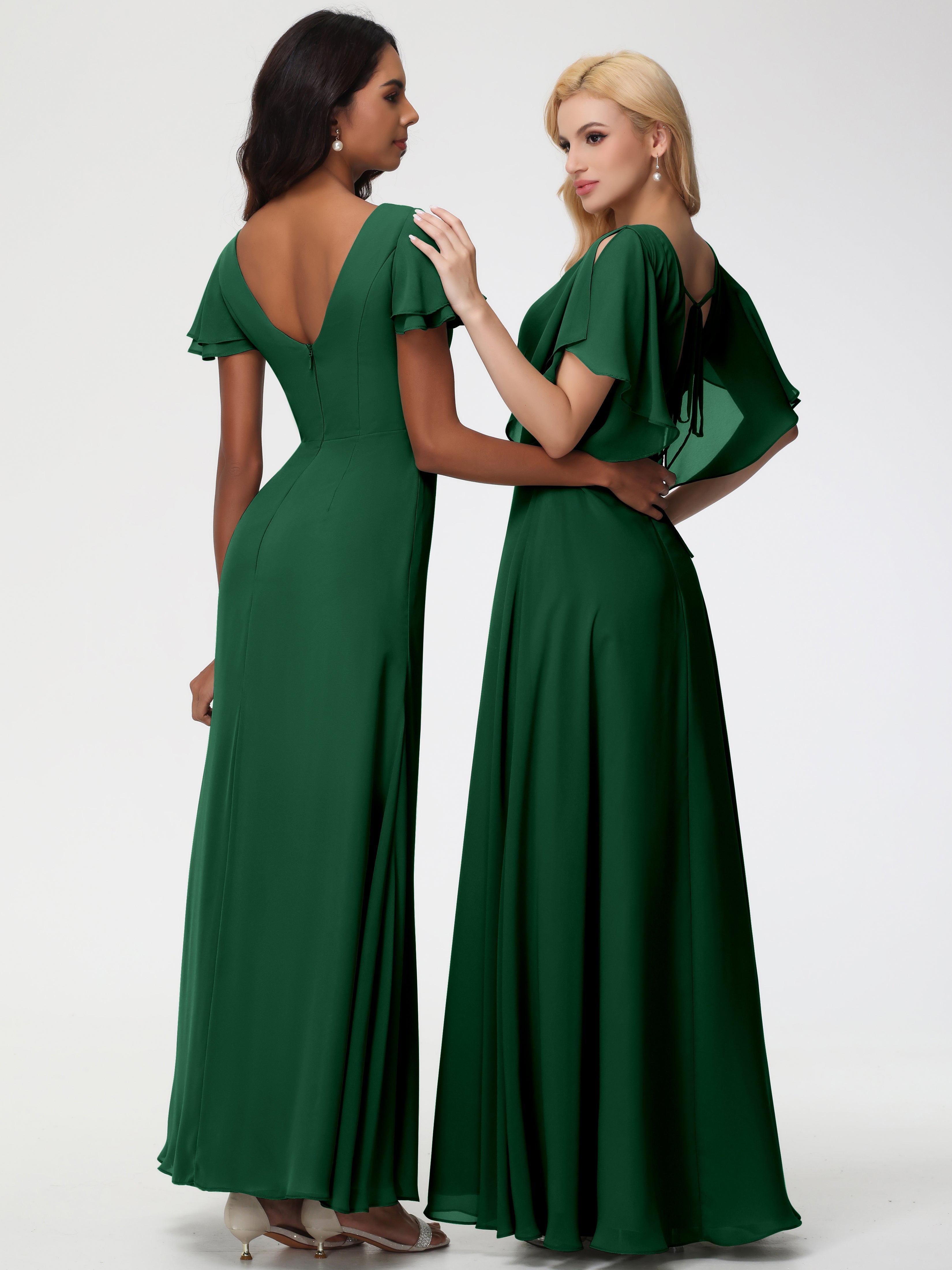 Robe Demoiselle D Honneur Vert Foncé Col V Manches À Volants Fourreau/Colonne Mousseline Robe Demoiselle D'Honneur