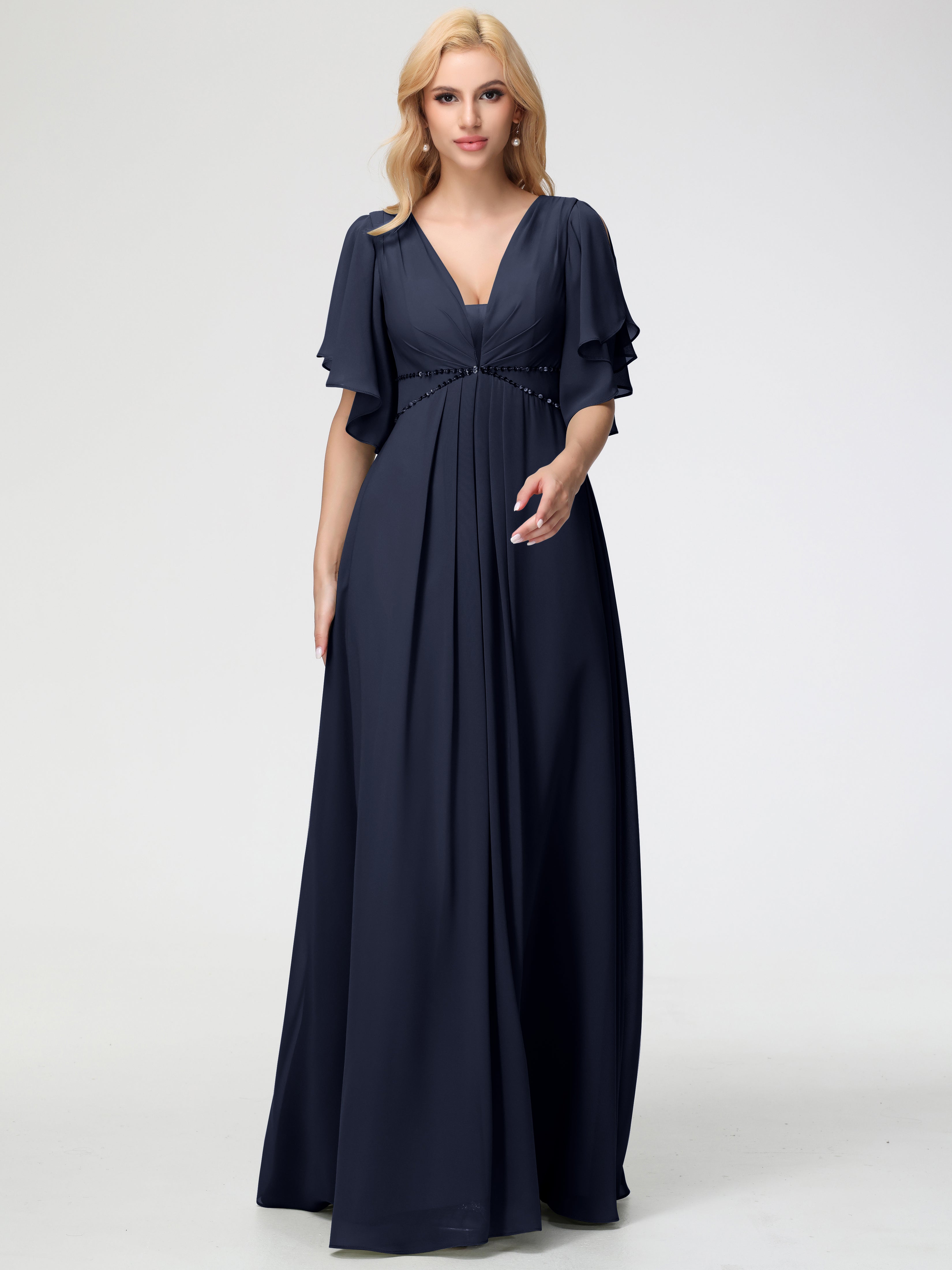 Robe Demoiselle D Honneur Bleu Marine Col V Manches À Volants Fourreau/Colonne Mousseline Robe Demoiselle D'Honneur