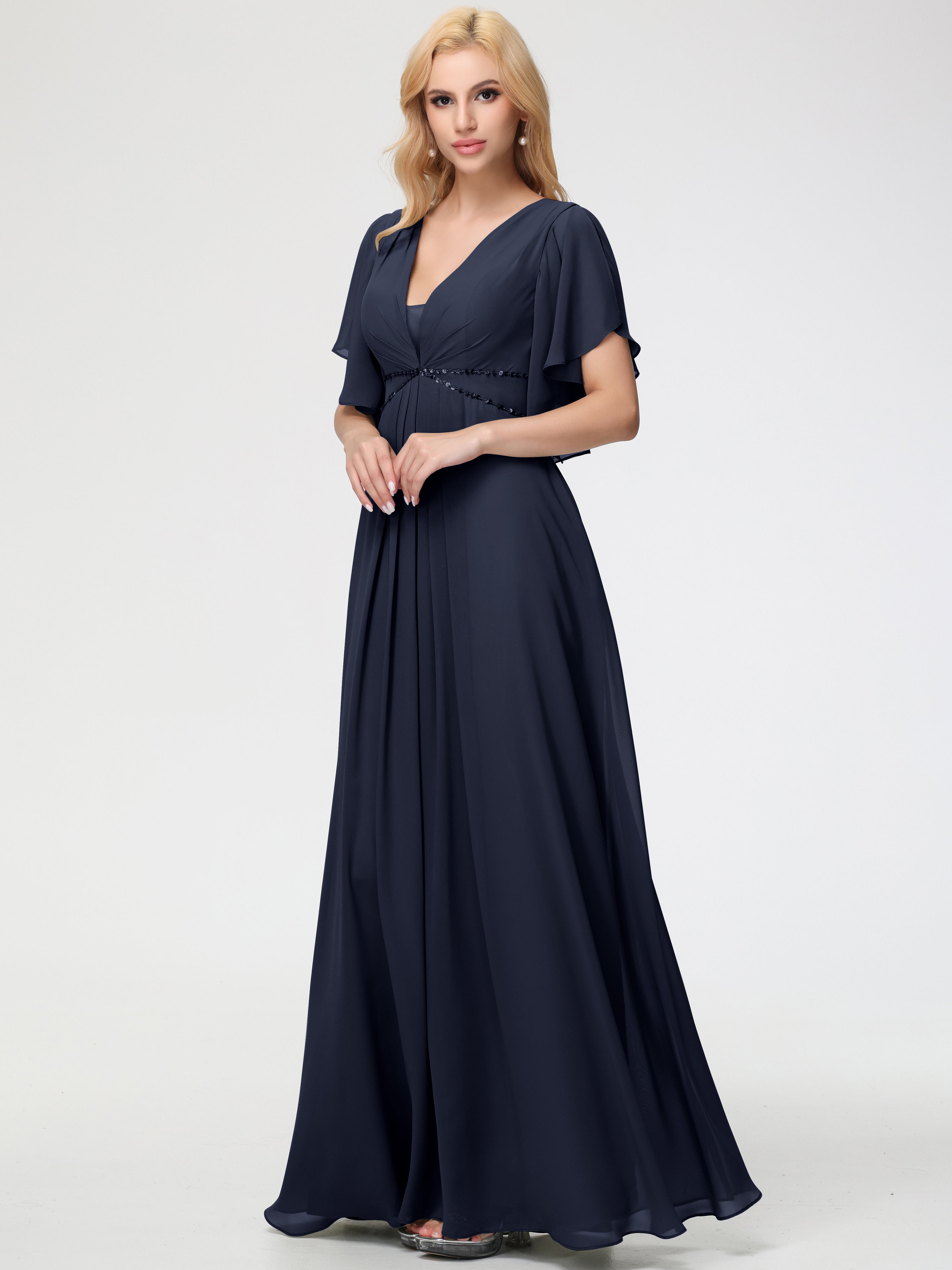 Robe Demoiselle D Honneur Bleu Marine Col V Manches À Volants Fourreau/Colonne Mousseline Robe Demoiselle D'Honneur