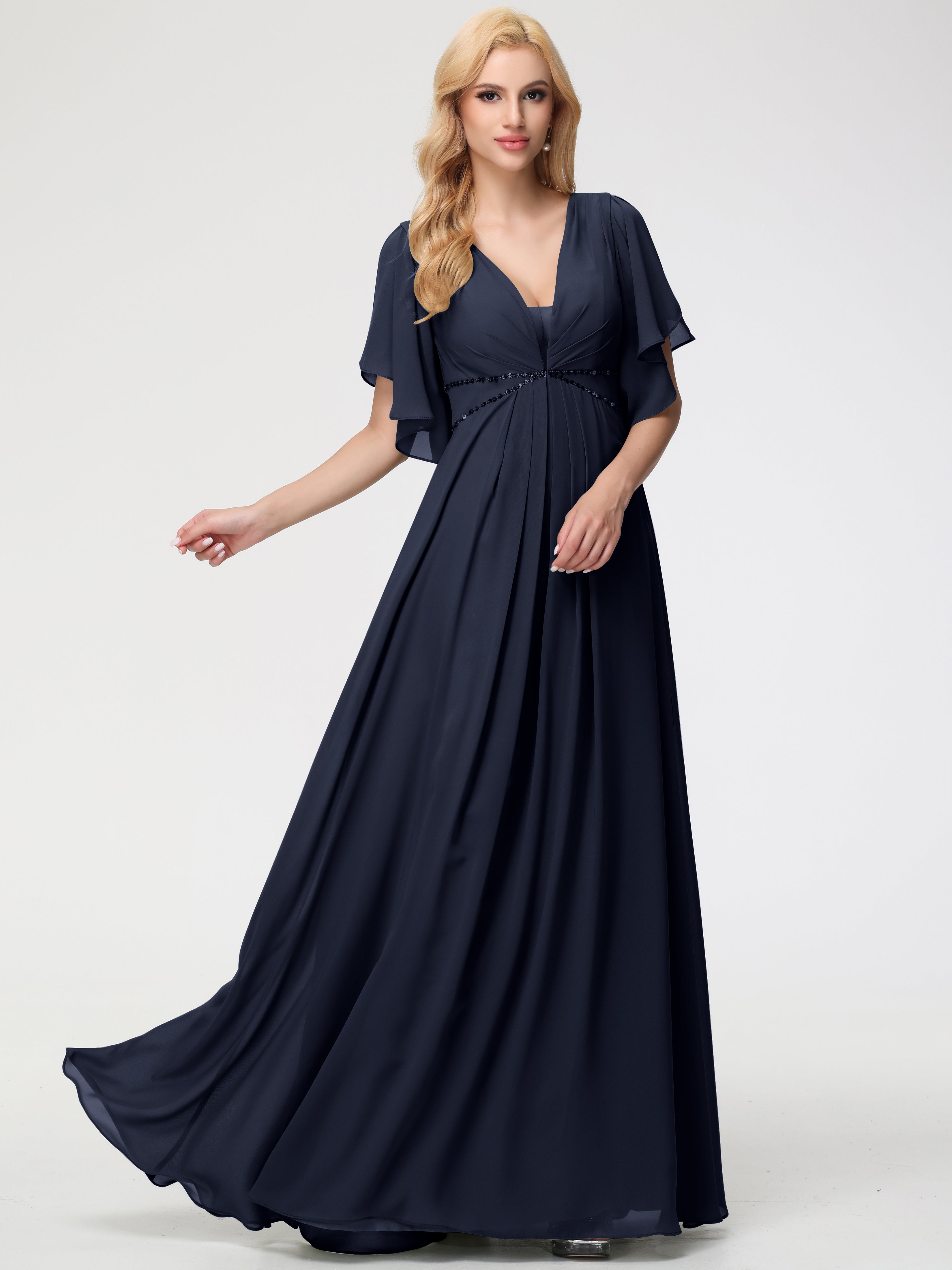 Robe Demoiselle D Honneur Bleu Marine Col V Manches À Volants Fourreau/Colonne Mousseline Robe Demoiselle D'Honneur