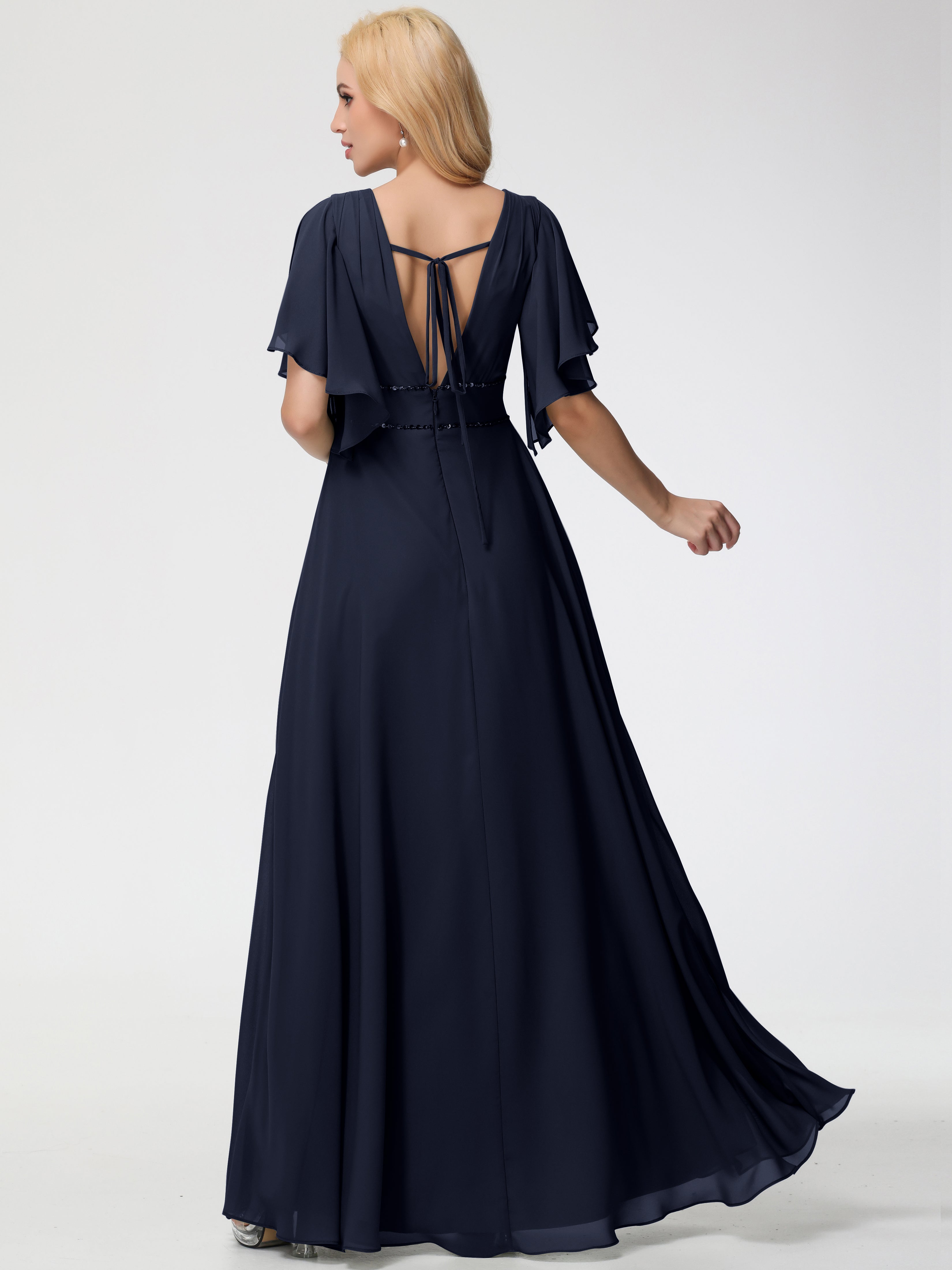 Robe Demoiselle D Honneur Bleu Marine Col V Manches À Volants Fourreau/Colonne Mousseline Robe Demoiselle D'Honneur