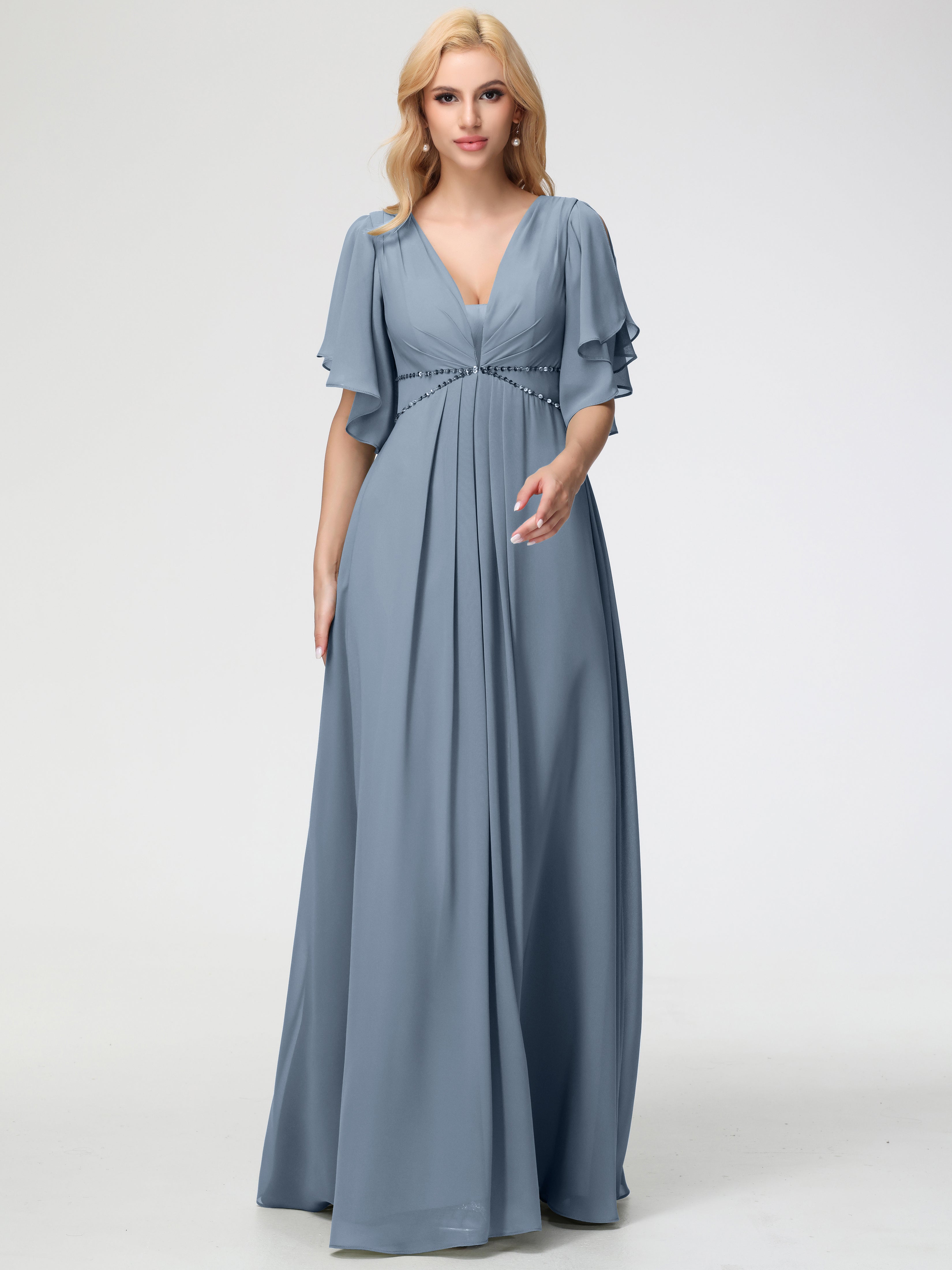 Robe Demoiselle D Honneur Bleu Poussiereux Col V Manches À Volants Fourreau/Colonne Mousseline Robe Demoiselle D'Honneur