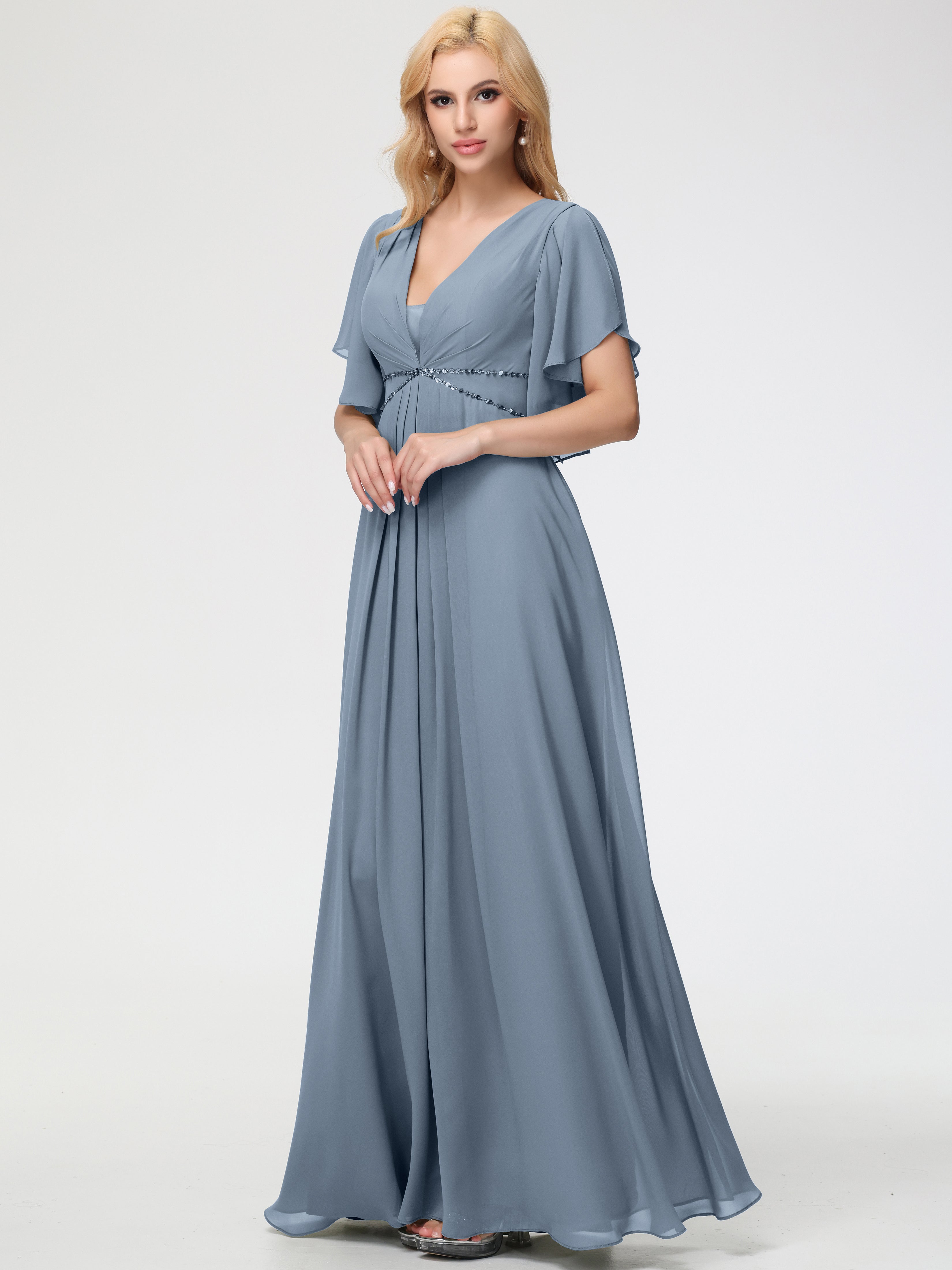 Robe Demoiselle D Honneur Bleu Poussiereux Col V Manches À Volants Fourreau/Colonne Mousseline Robe Demoiselle D'Honneur