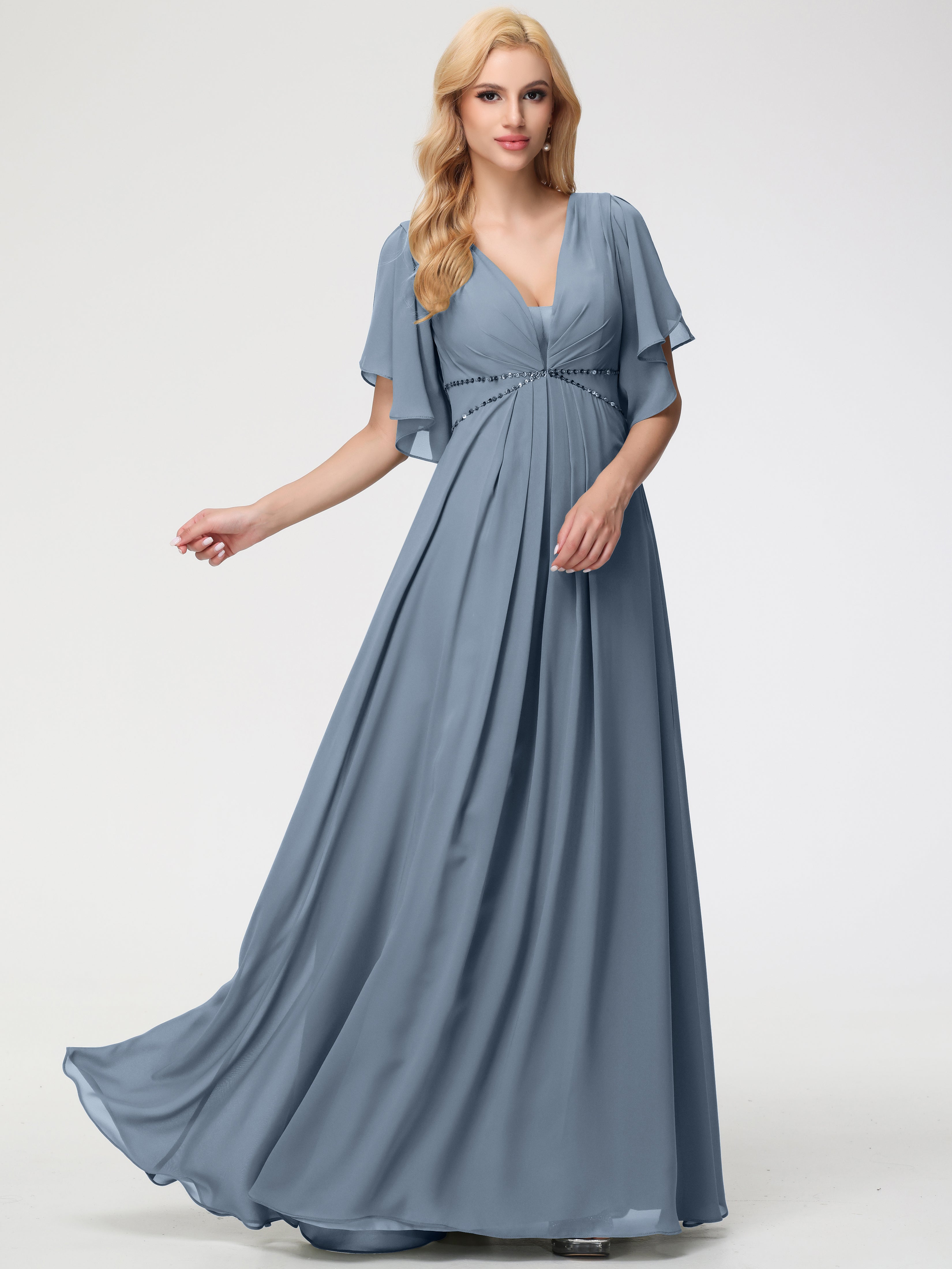 Robe Demoiselle D Honneur Bleu Poussiereux Col V Manches À Volants Fourreau/Colonne Mousseline Robe Demoiselle D'Honneur