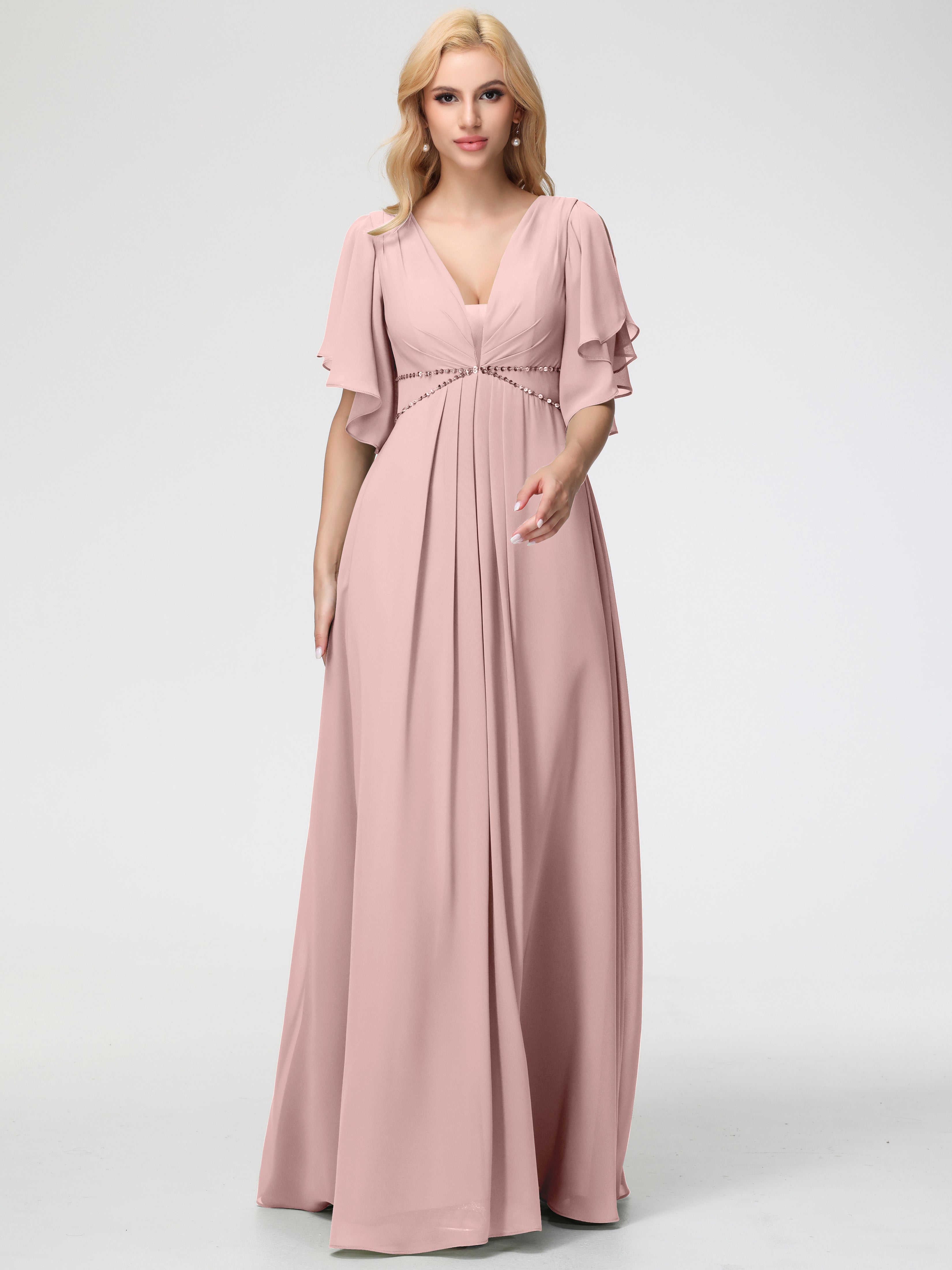 Robe Demoiselle D Honneur Rose Poudré Col V Manches À Volants Fourreau/Colonne Mousseline Robe Demoiselle D'Honneur