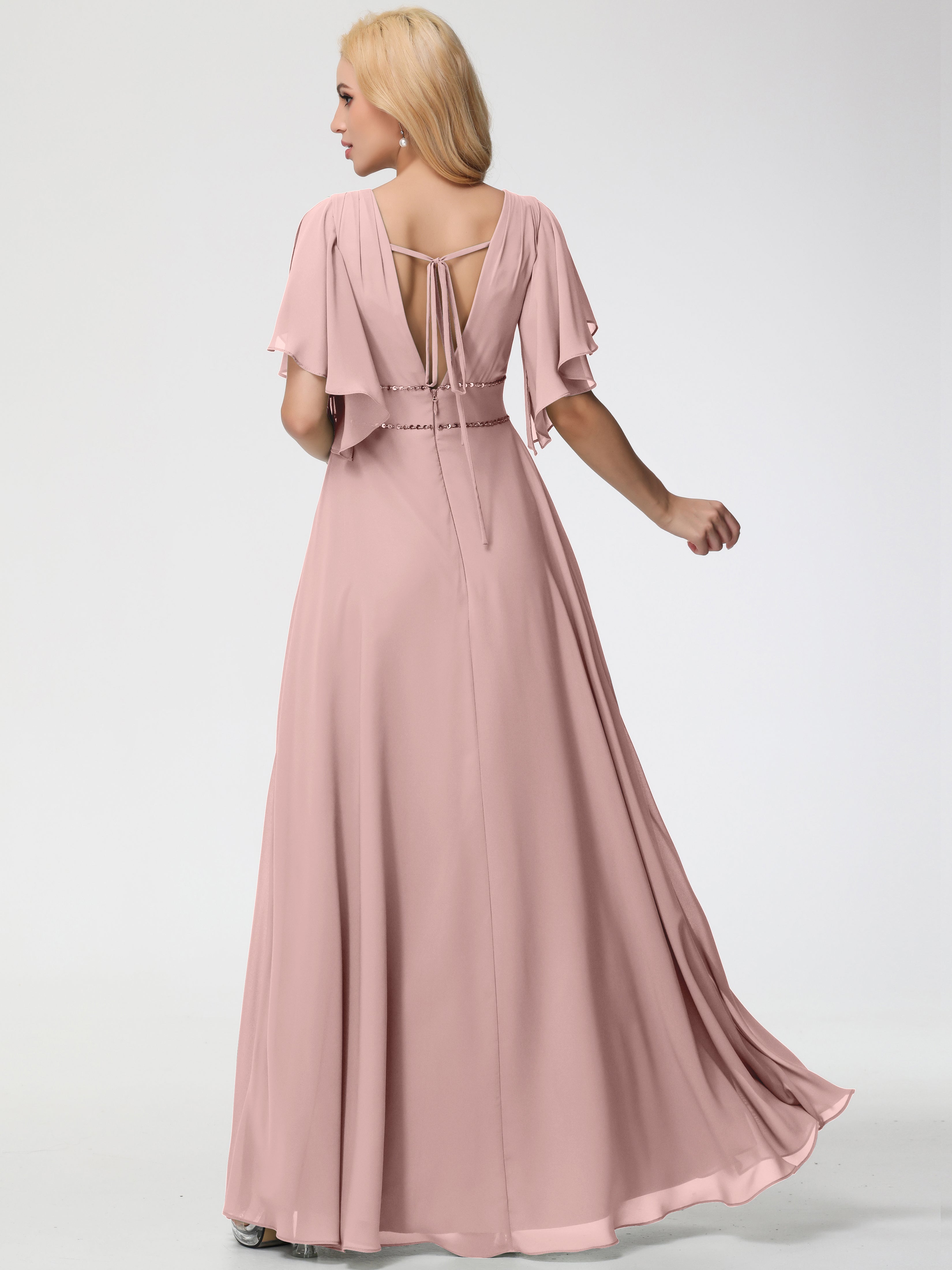 Robe Demoiselle D Honneur Rose Poudré Col V Manches À Volants Fourreau/Colonne Mousseline Robe Demoiselle D'Honneur