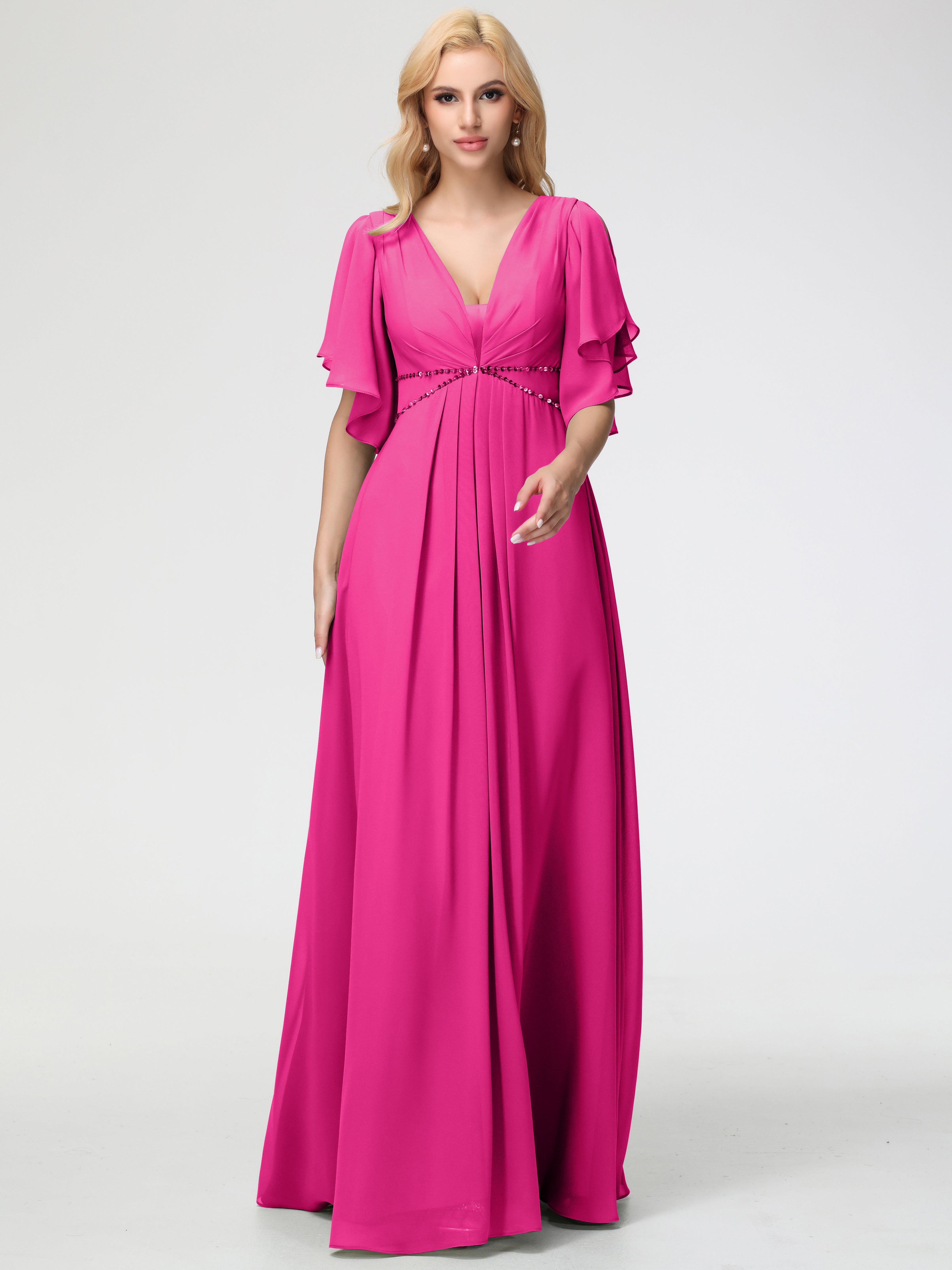 Robe Demoiselle D Honneur Fuchsia Col V Manches À Volants Fourreau/Colonne Mousseline Robe Demoiselle D'Honneur