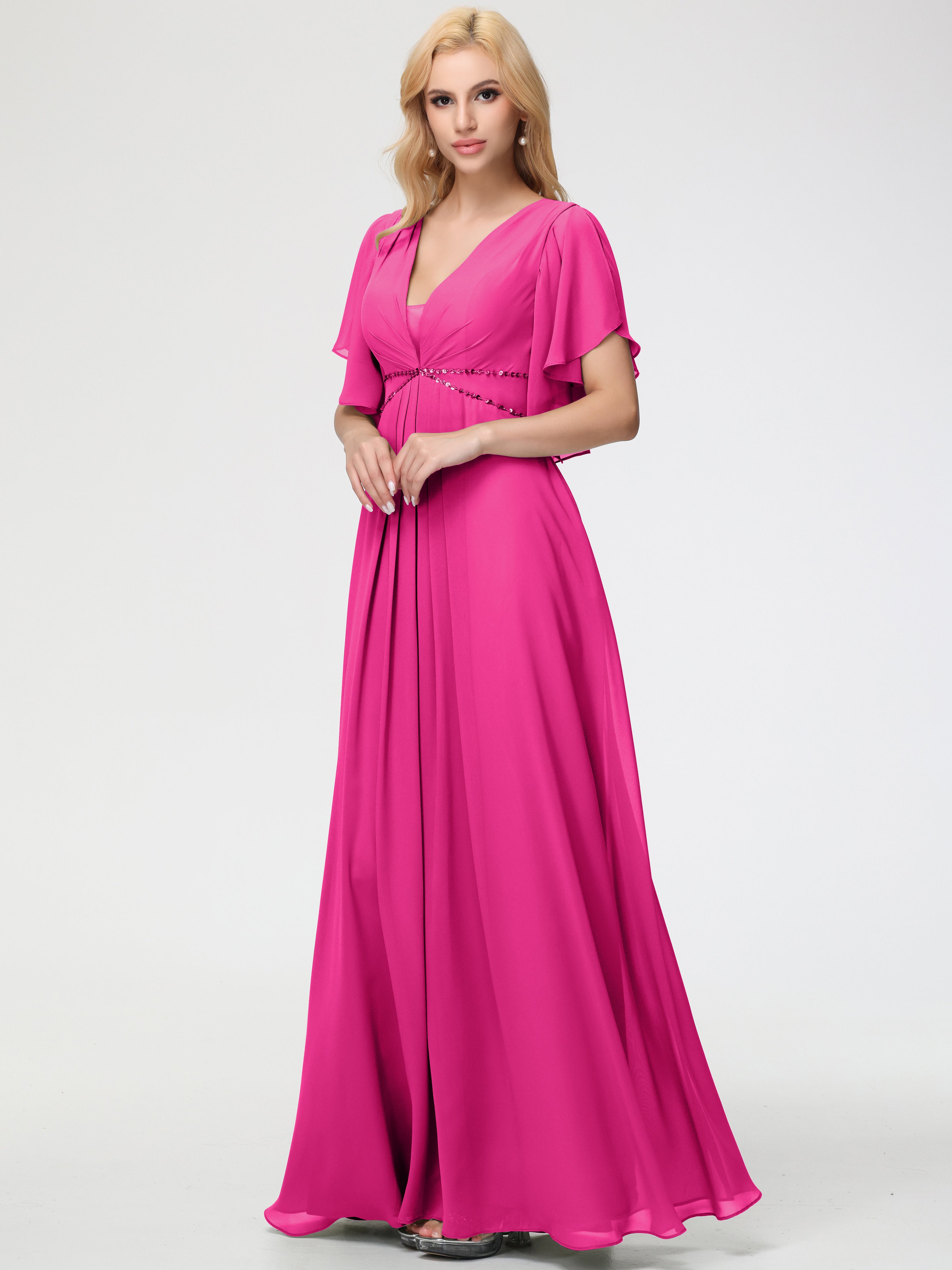Robe Demoiselle D Honneur Fuchsia Col V Manches À Volants Fourreau/Colonne Mousseline Robe Demoiselle D'Honneur