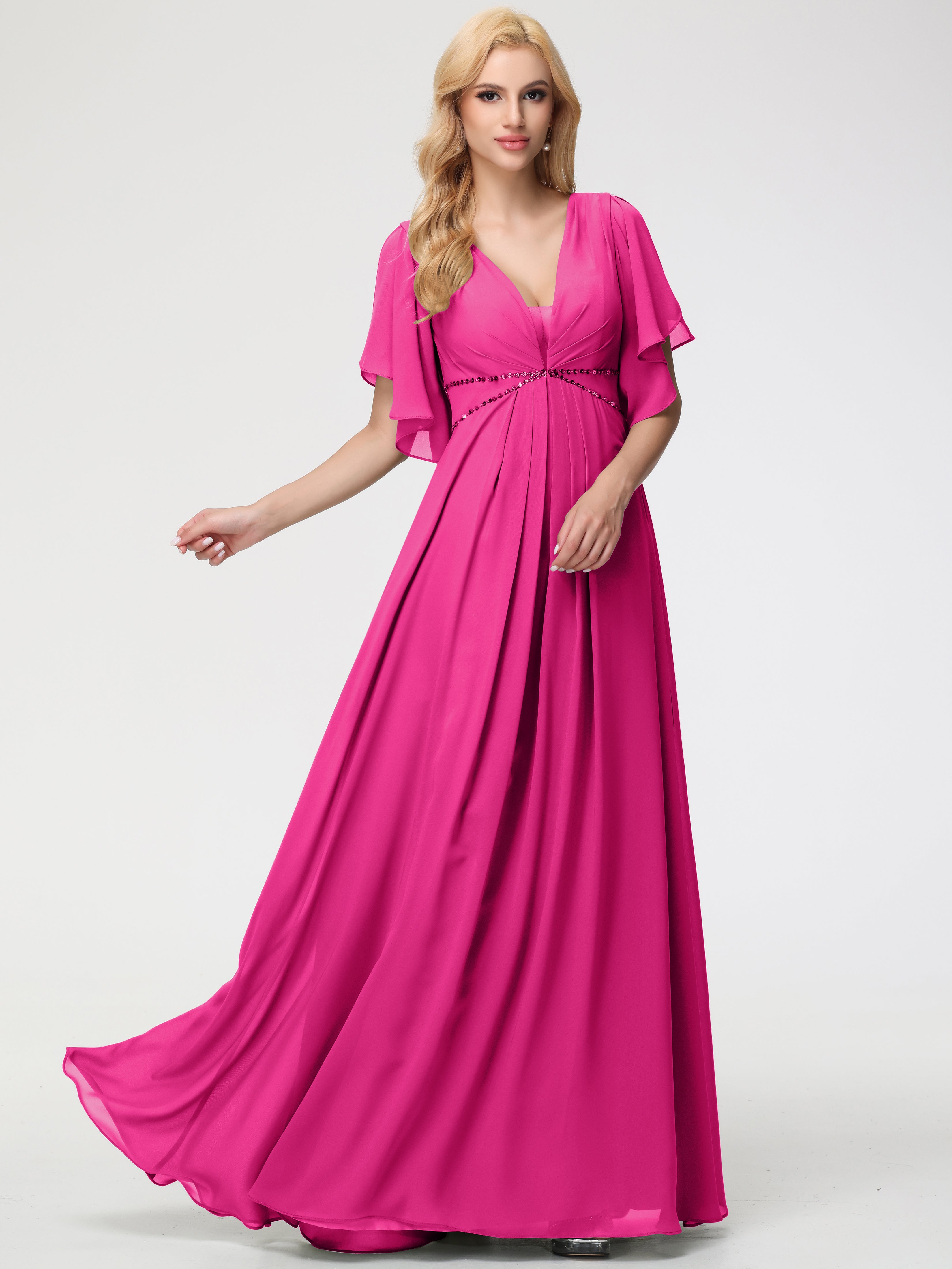 Robe Demoiselle D Honneur Fuchsia Col V Manches À Volants Fourreau/Colonne Mousseline Robe Demoiselle D'Honneur