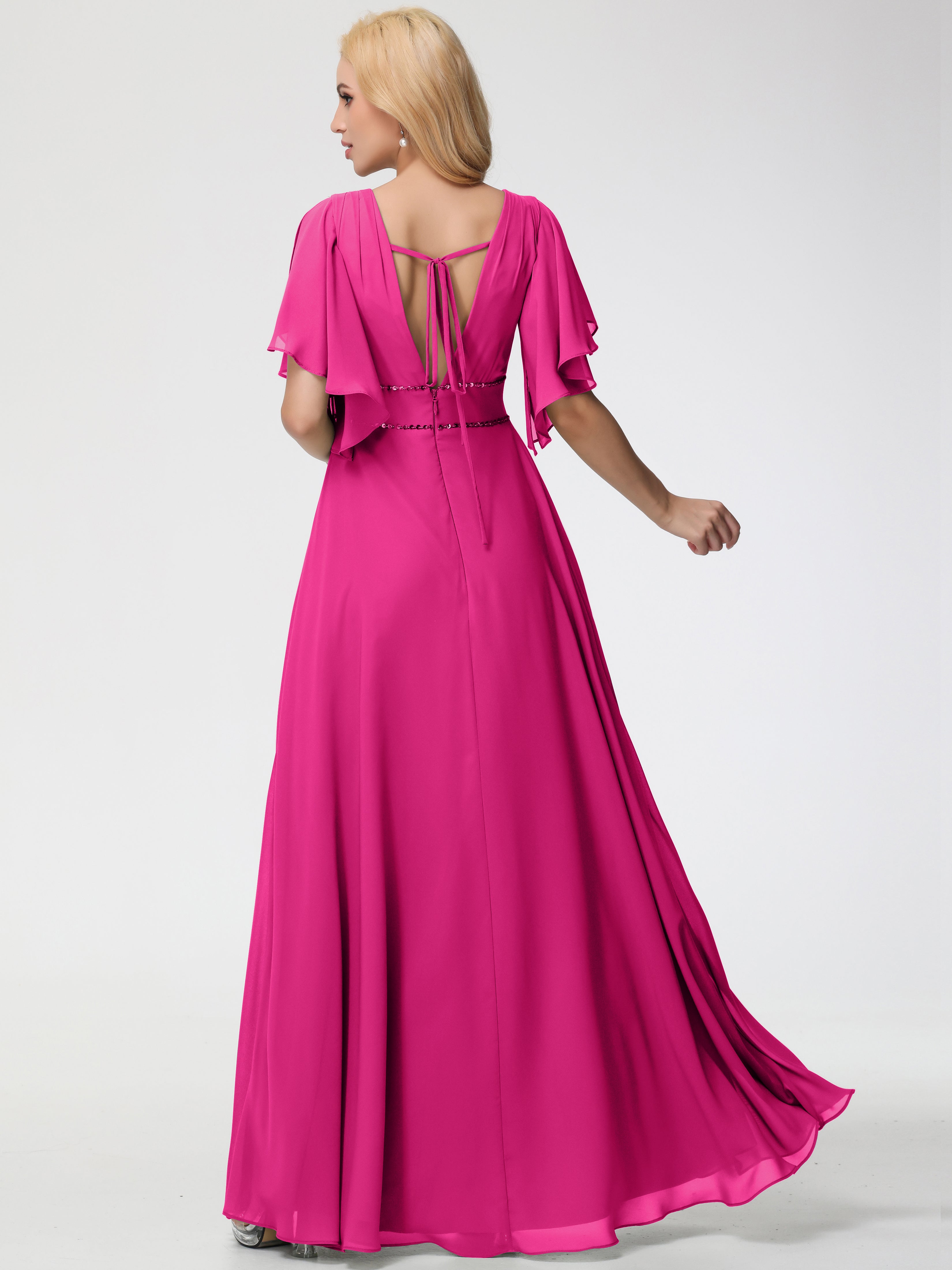 Robe Demoiselle D Honneur Fuchsia Col V Manches À Volants Fourreau/Colonne Mousseline Robe Demoiselle D'Honneur