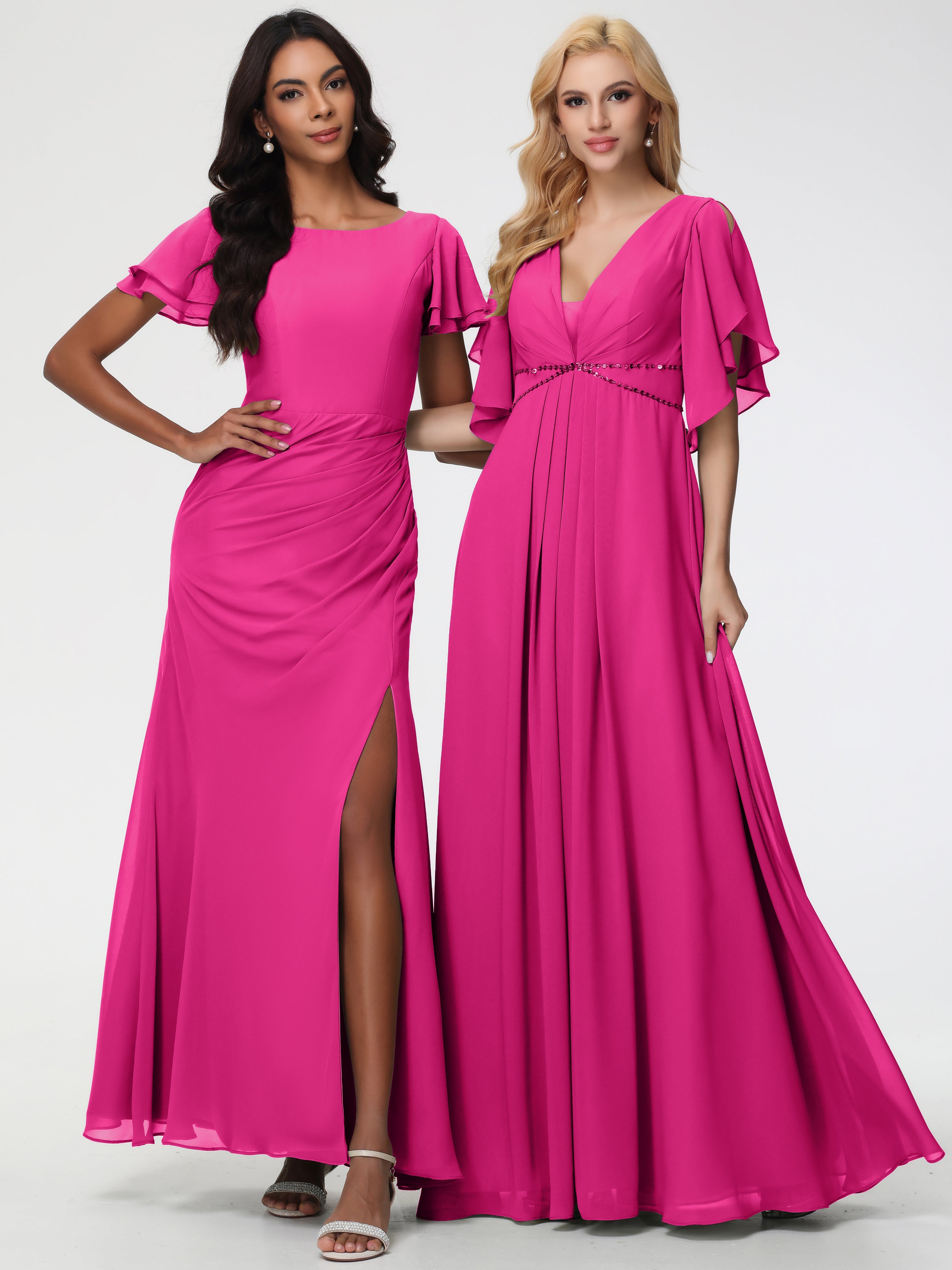 Robe Demoiselle D Honneur Fuchsia Col V Manches À Volants Fourreau/Colonne Mousseline Robe Demoiselle D'Honneur