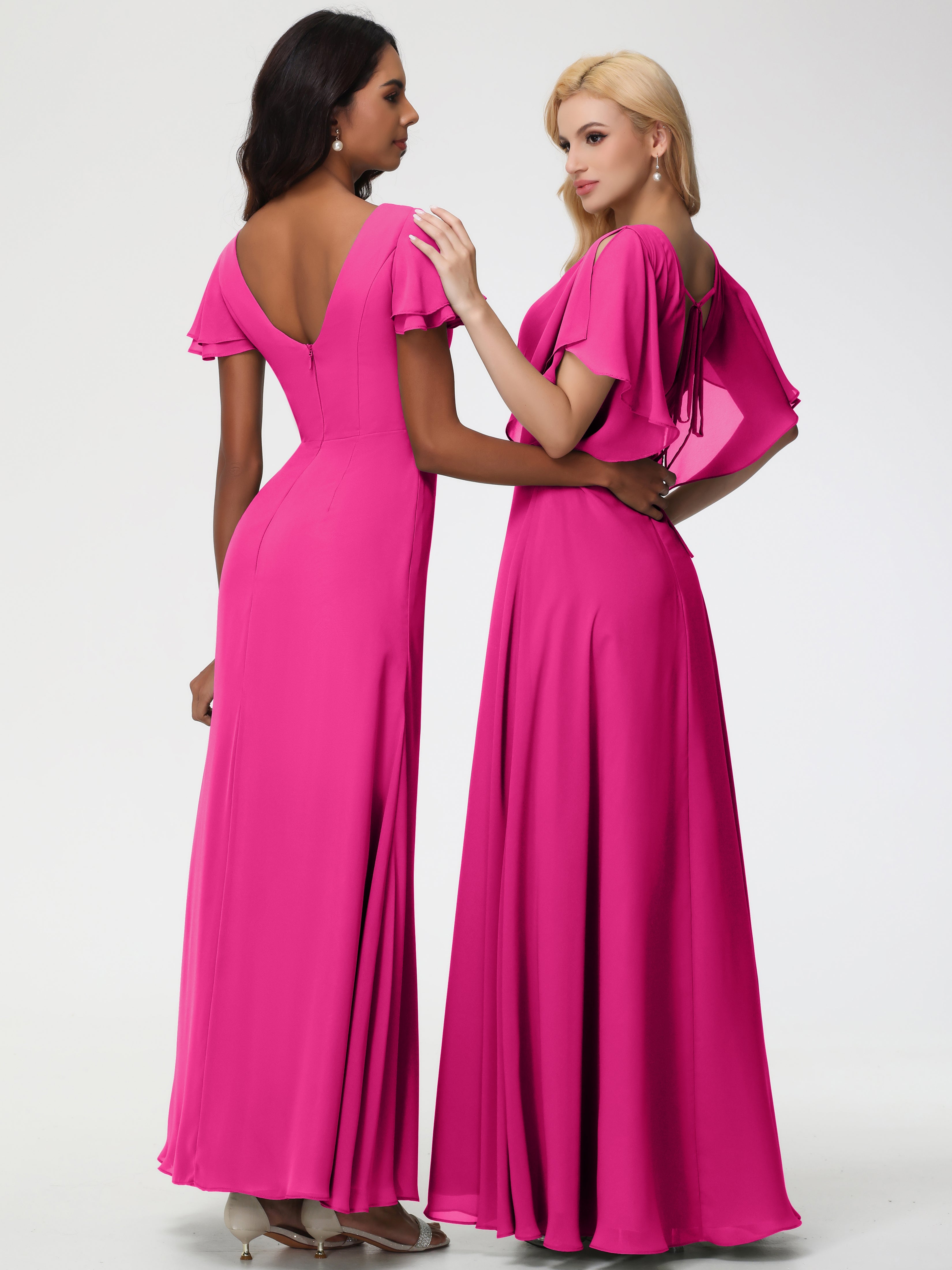 Robe Demoiselle D Honneur Fuchsia Col V Manches À Volants Fourreau/Colonne Mousseline Robe Demoiselle D'Honneur
