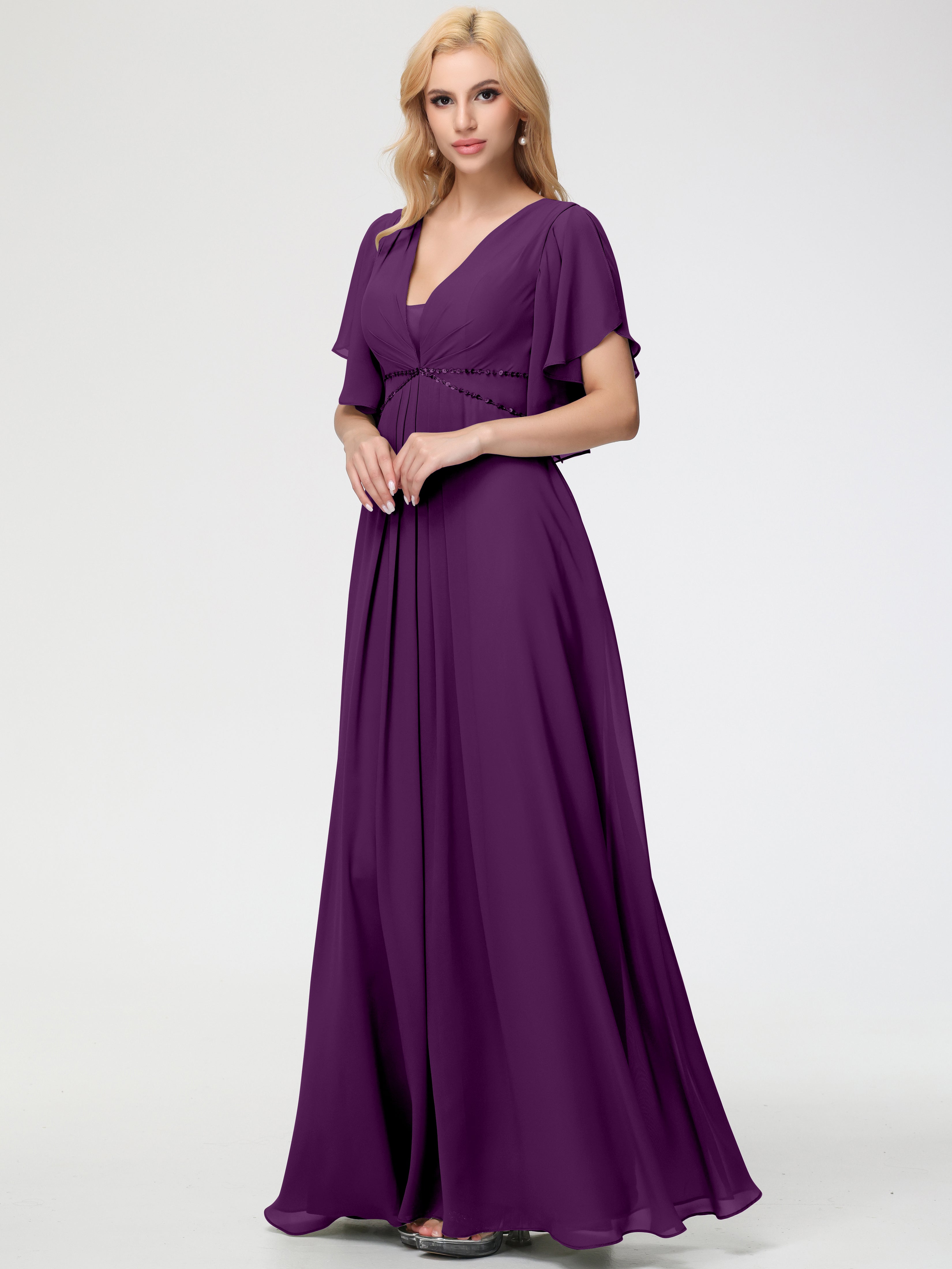 Robes De Demoiselle D'Honneur En Raisin Col V Manches À Volants Fourreau/Colonne Mousseline Robe Demoiselle D'Honneur