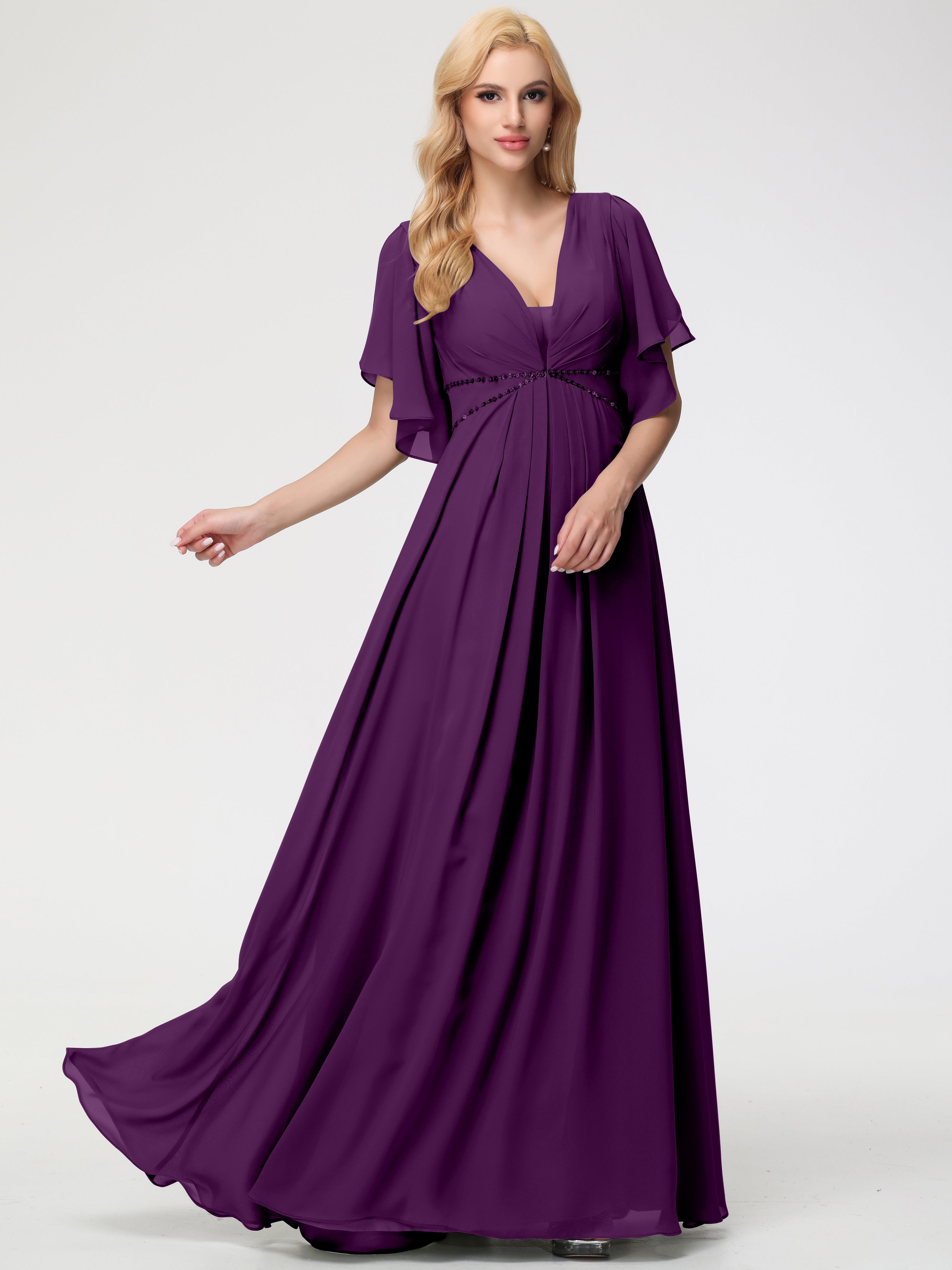 Robes De Demoiselle D'Honneur En Raisin Col V Manches À Volants Fourreau/Colonne Mousseline Robe Demoiselle D'Honneur