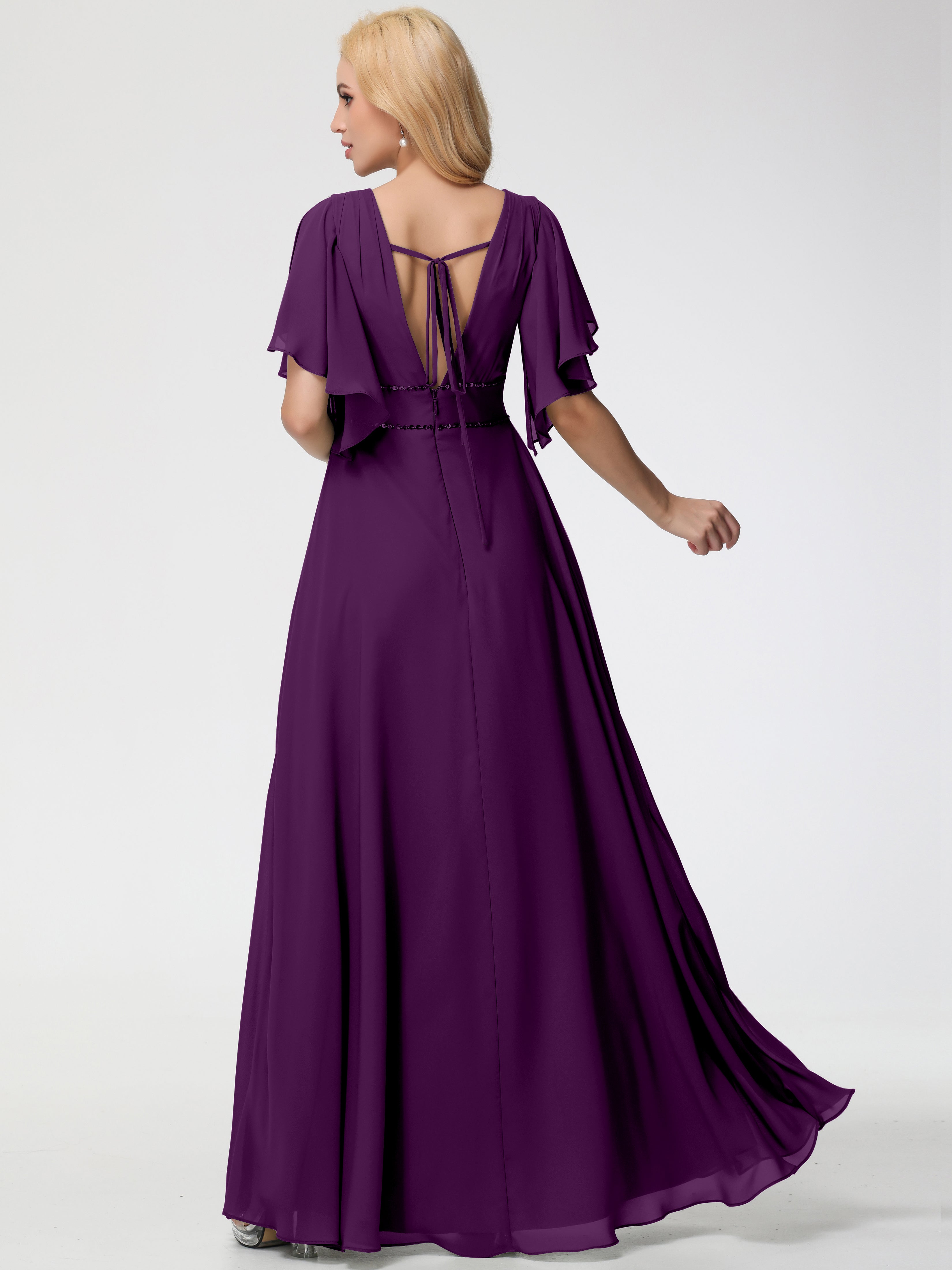 Robes De Demoiselle D'Honneur En Raisin Col V Manches À Volants Fourreau/Colonne Mousseline Robe Demoiselle D'Honneur