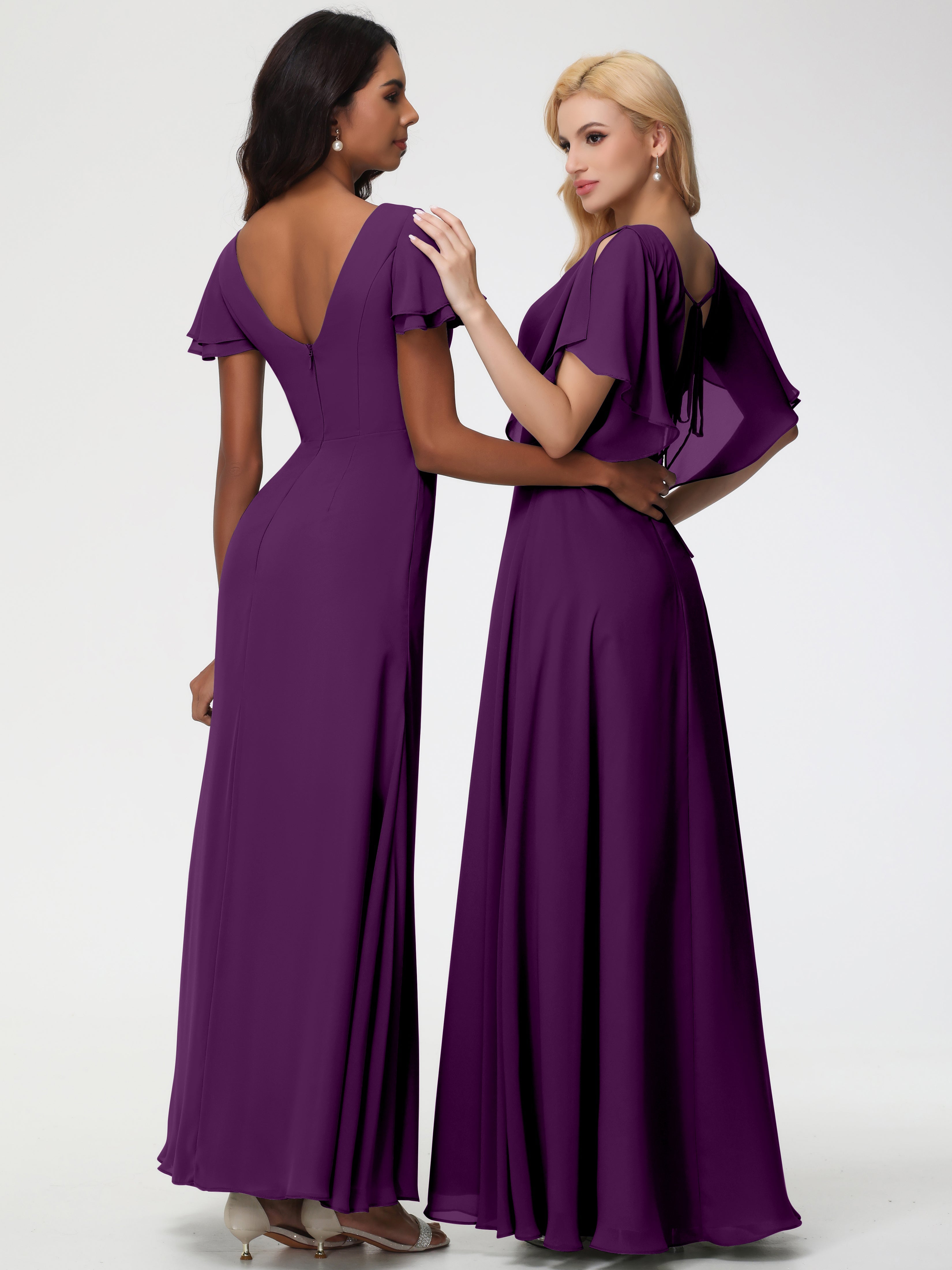 Robes De Demoiselle D'Honneur En Raisin Col V Manches À Volants Fourreau/Colonne Mousseline Robe Demoiselle D'Honneur
