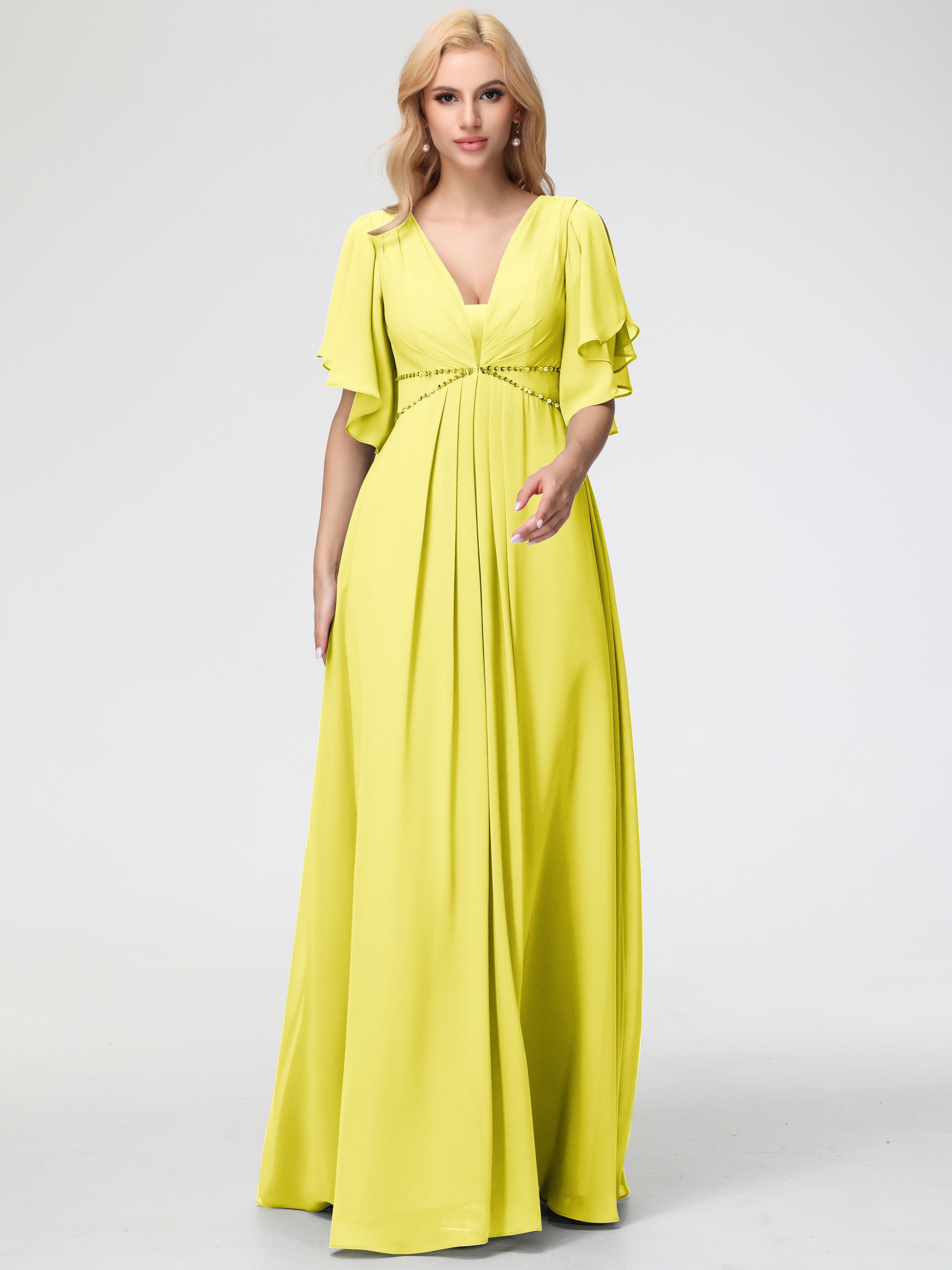 Robe Demoiselle D Honneur Jaune Citron Col V Manches À Volants Fourreau/Colonne Mousseline Robe Demoiselle D'Honneur