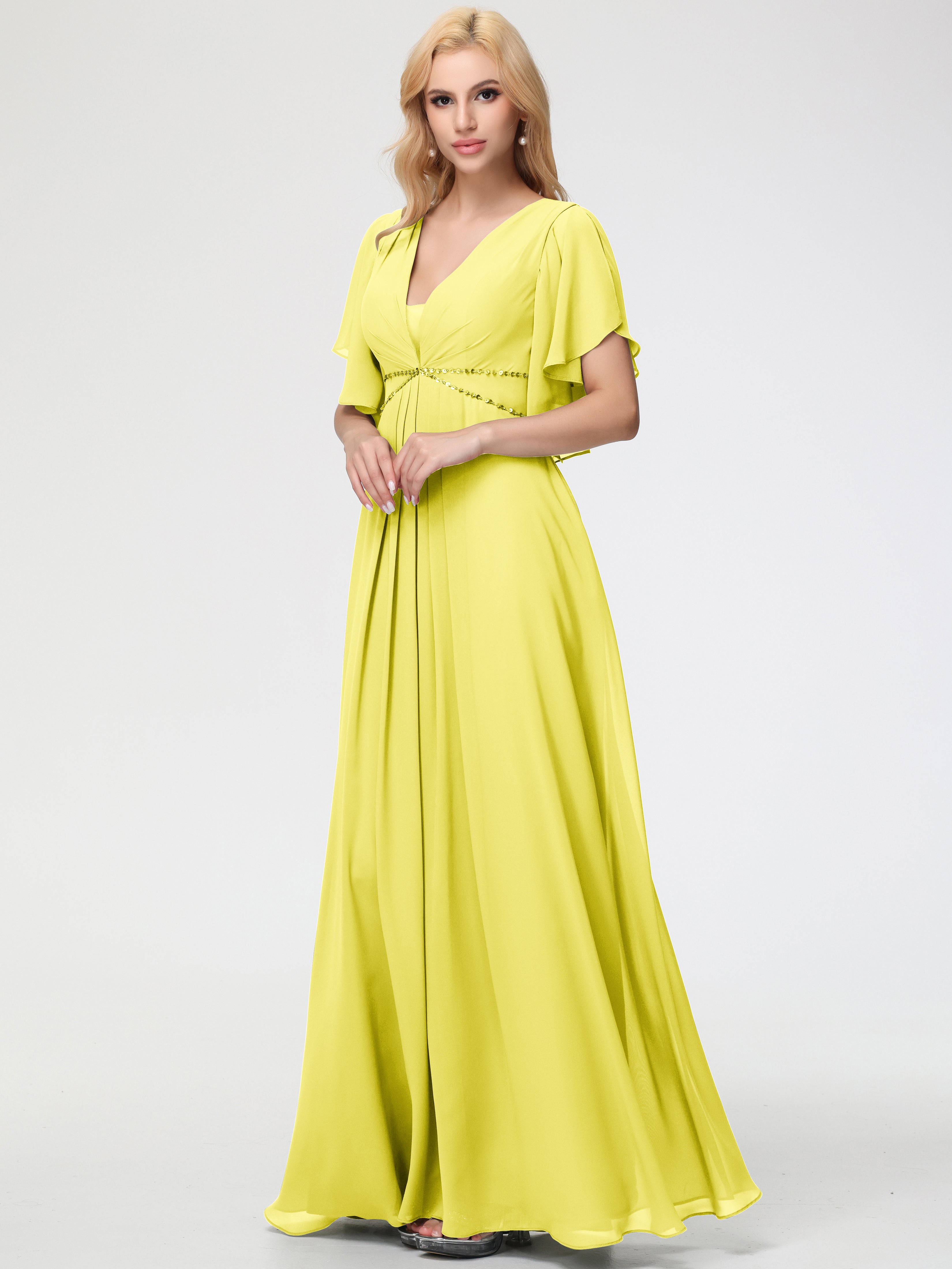 Robe Demoiselle D Honneur Jaune Citron Col V Manches À Volants Fourreau/Colonne Mousseline Robe Demoiselle D'Honneur