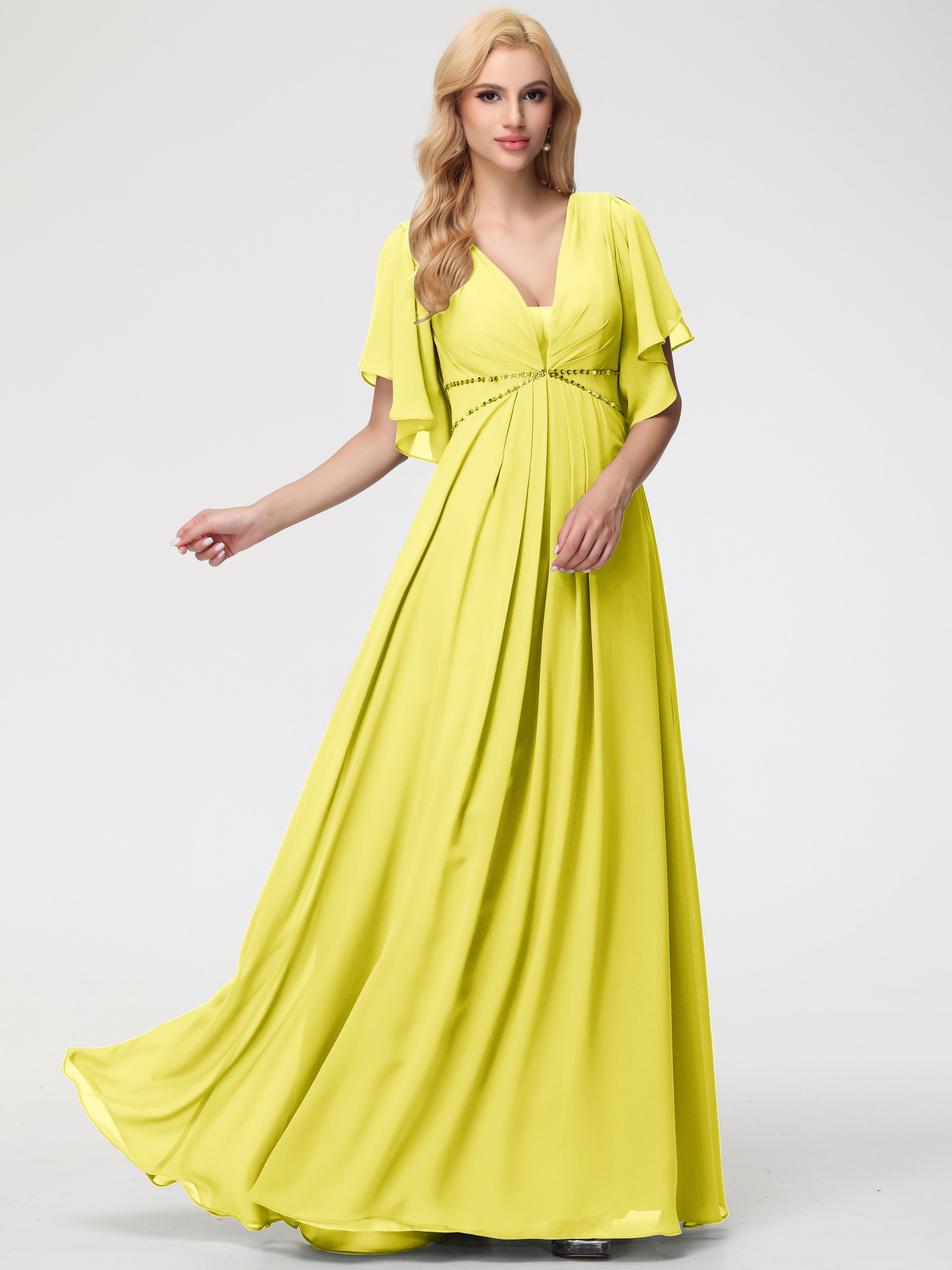 Robe Demoiselle D Honneur Jaune Citron Col V Manches À Volants Fourreau/Colonne Mousseline Robe Demoiselle D'Honneur