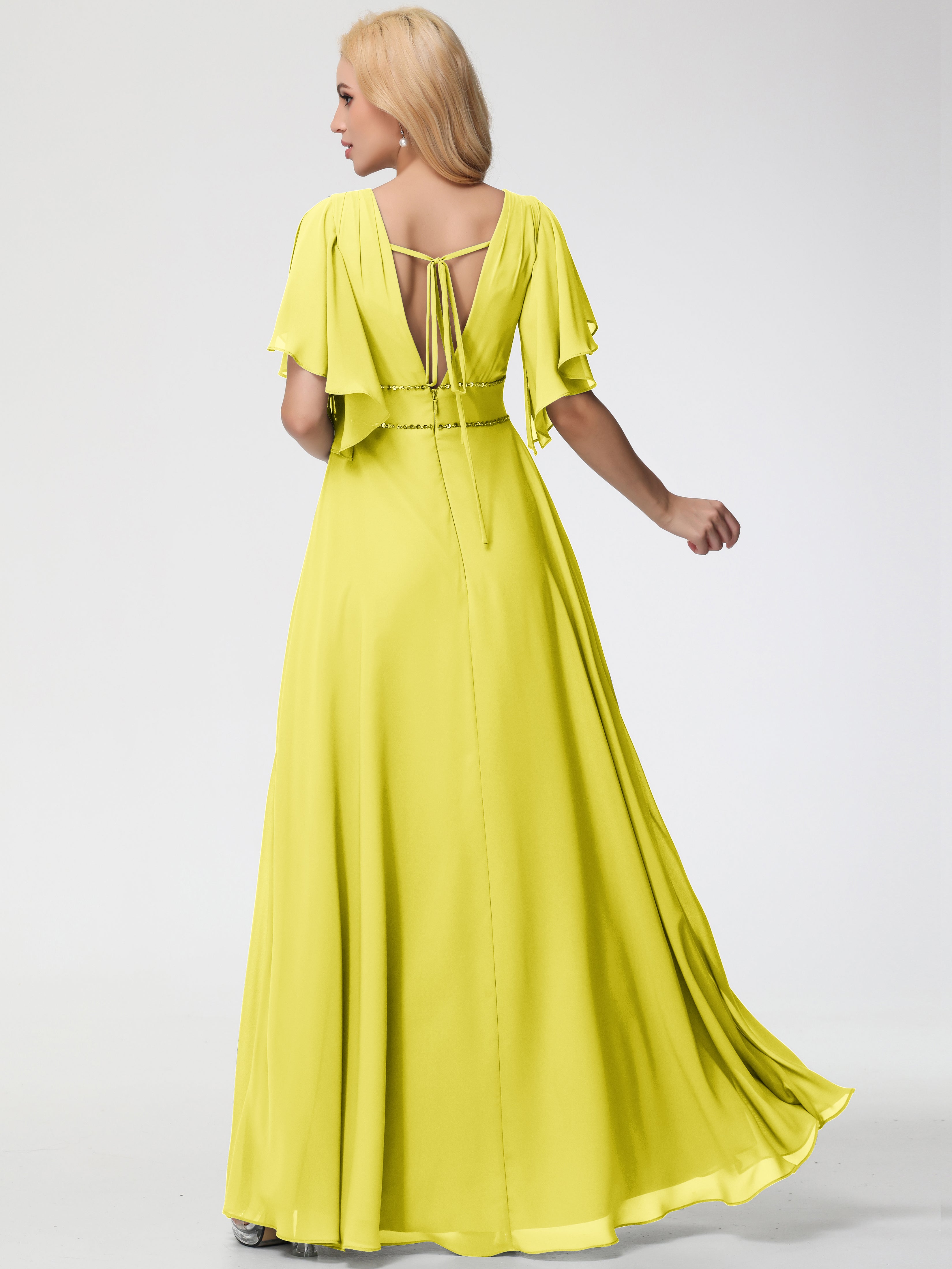 Robe Demoiselle D Honneur Jaune Citron Col V Manches À Volants Fourreau/Colonne Mousseline Robe Demoiselle D'Honneur