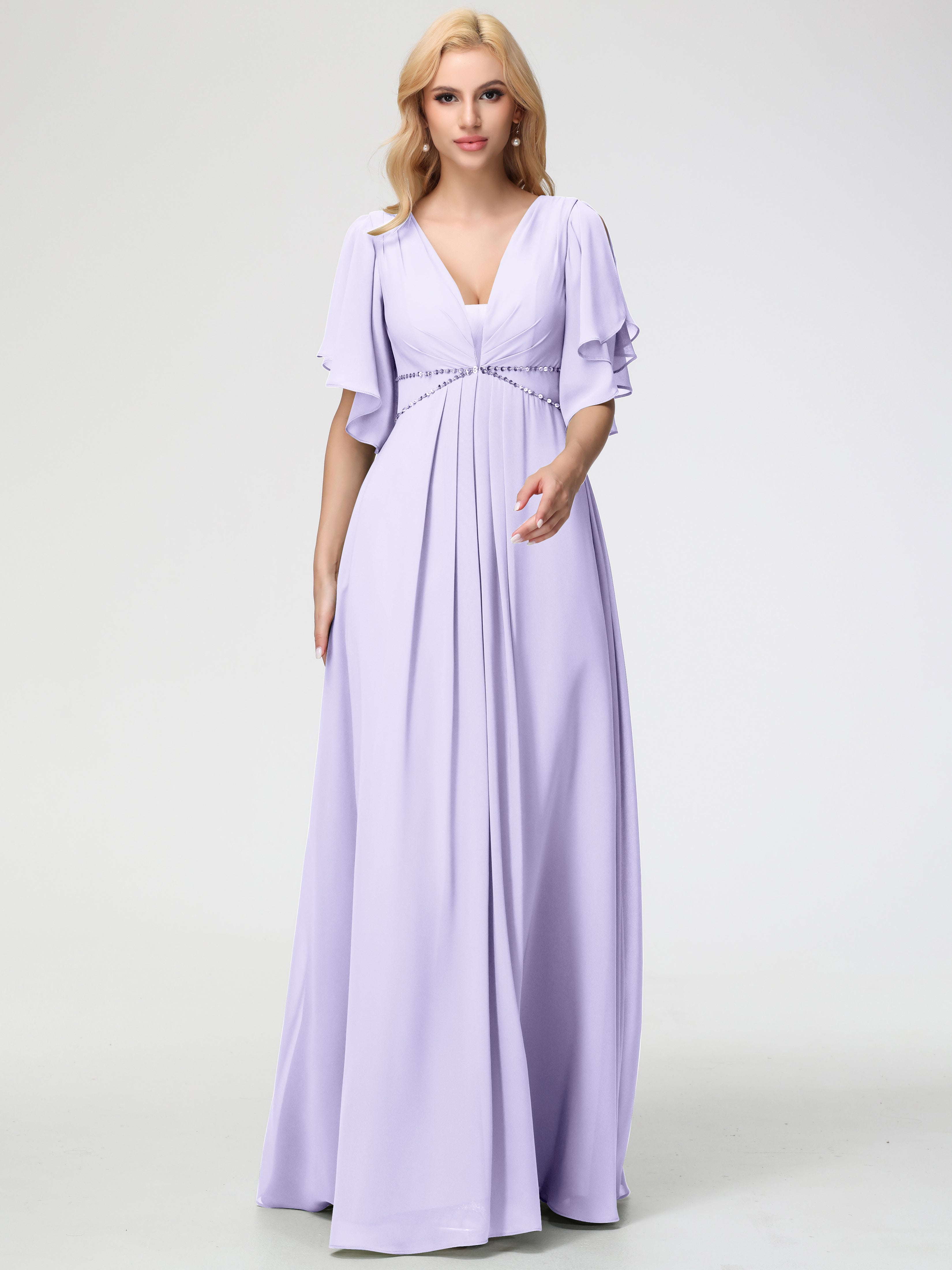 Robe Demoiselle D Honneur Lilas Col V Manches À Volants Fourreau/Colonne Mousseline Robe Demoiselle D'Honneur