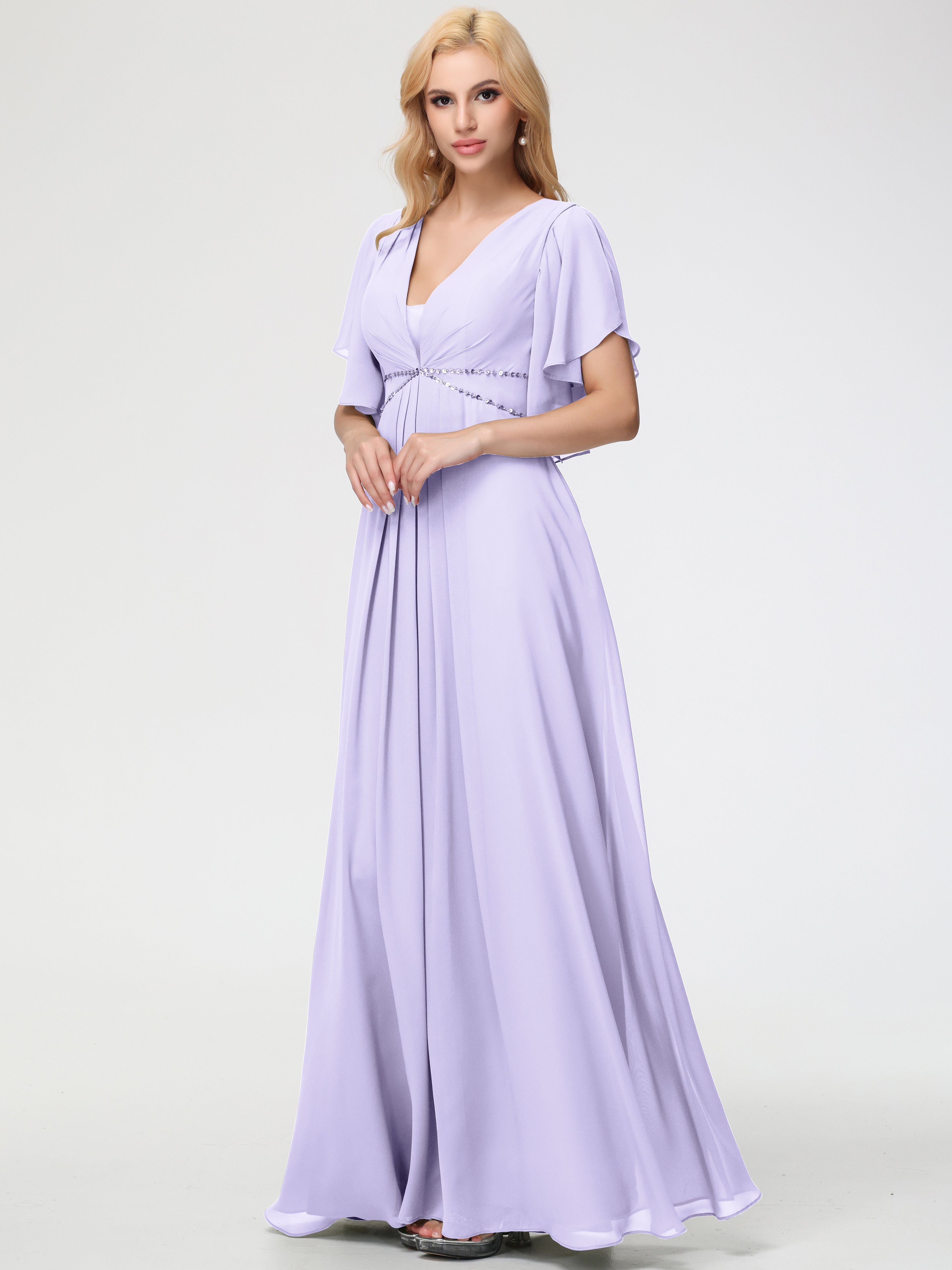 Robe Demoiselle D Honneur Lilas Col V Manches À Volants Fourreau/Colonne Mousseline Robe Demoiselle D'Honneur