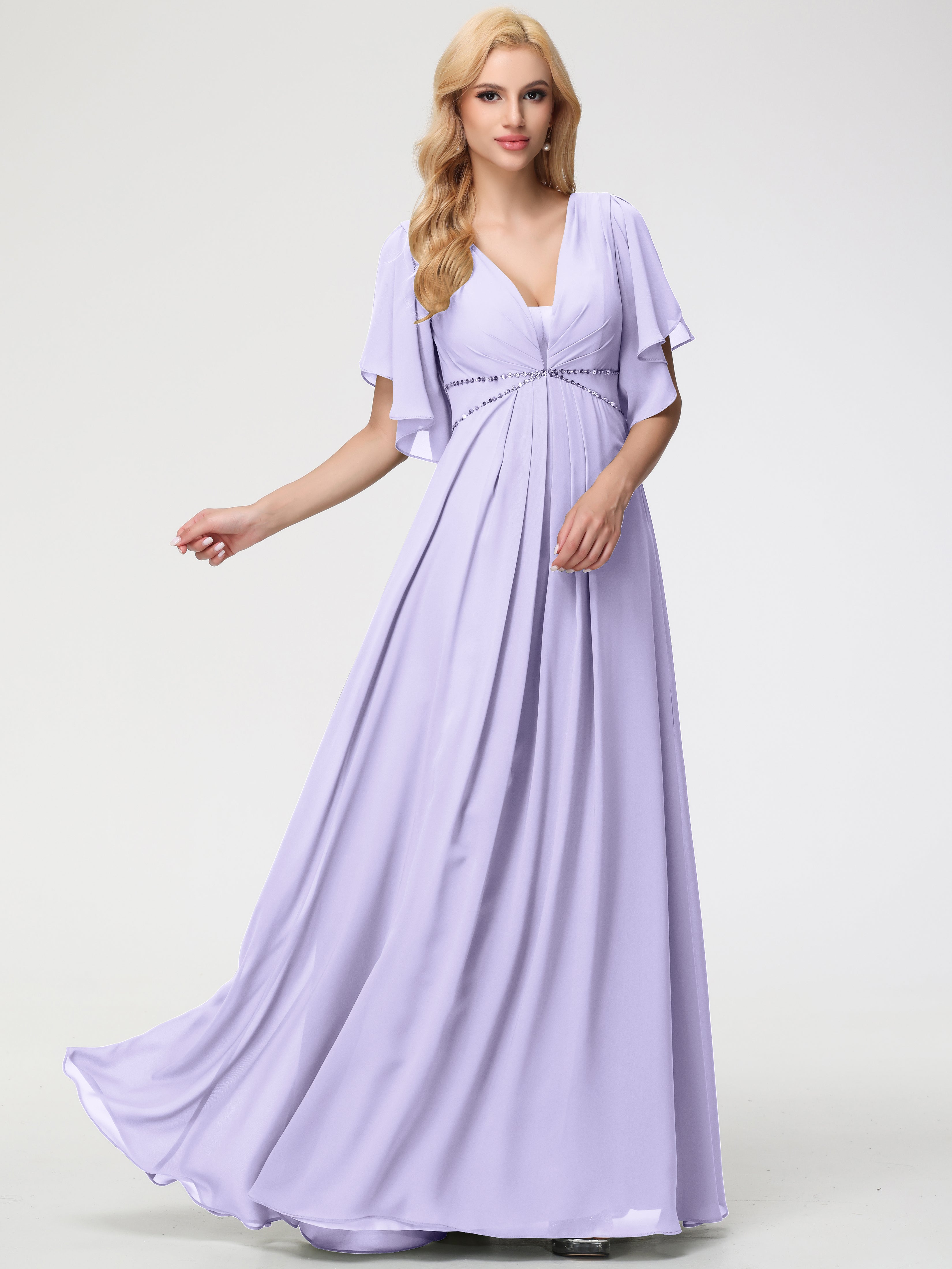 Robe Demoiselle D Honneur Lilas Col V Manches À Volants Fourreau/Colonne Mousseline Robe Demoiselle D'Honneur