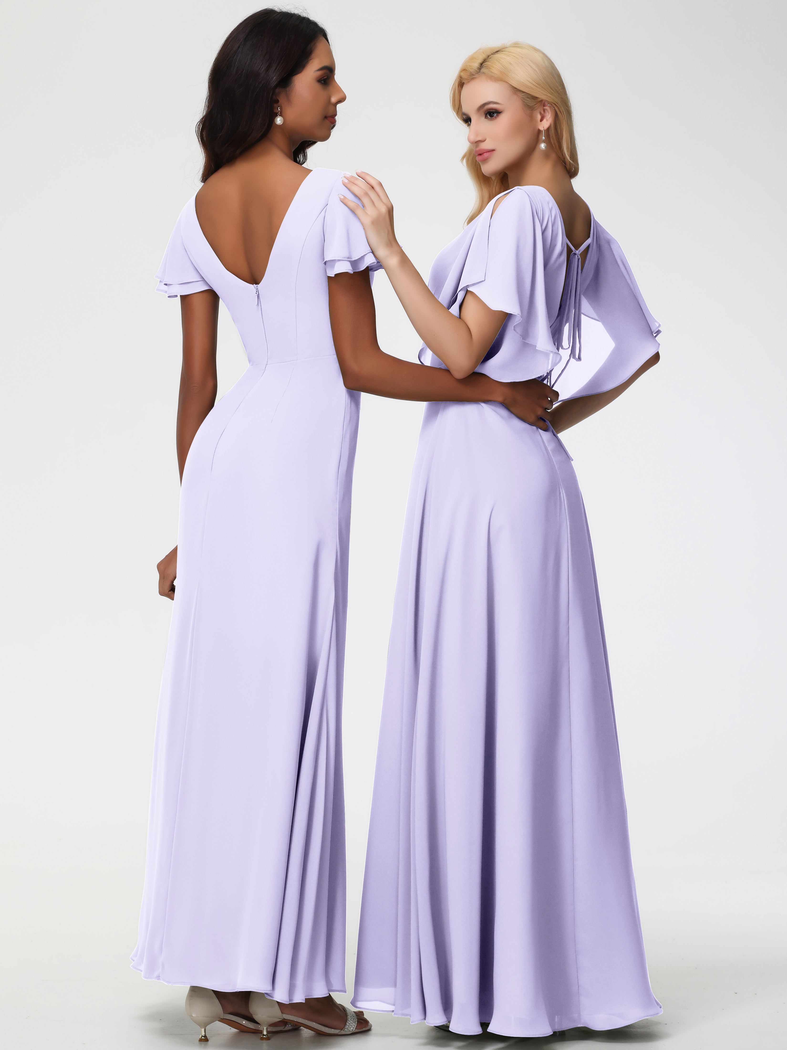 Robe Demoiselle D Honneur Lilas Col V Manches À Volants Fourreau/Colonne Mousseline Robe Demoiselle D'Honneur