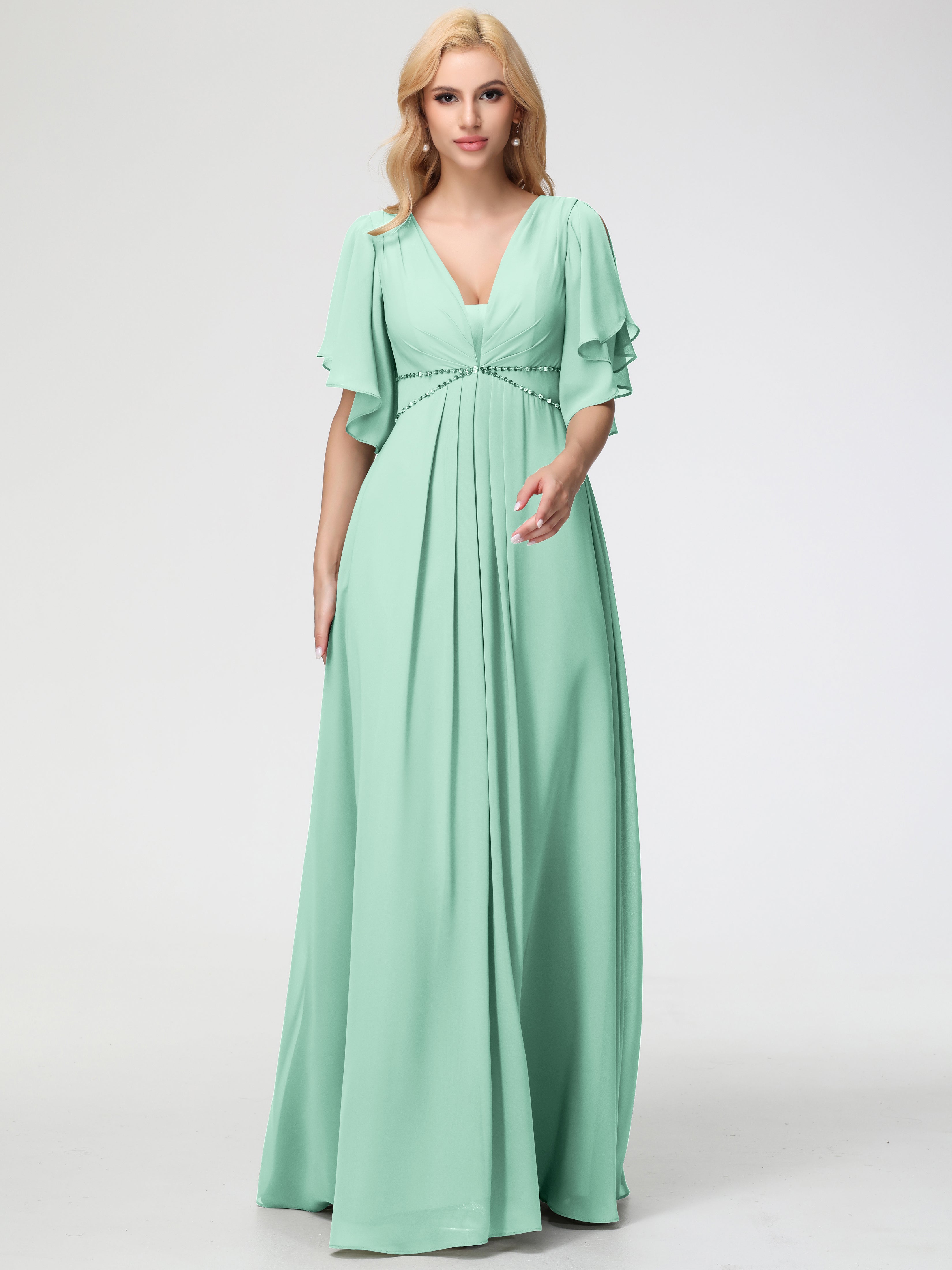 Robe Demoiselle D Honneur Vert Menthe Col V Manches À Volants Fourreau/Colonne Mousseline Robe Demoiselle D'Honneur