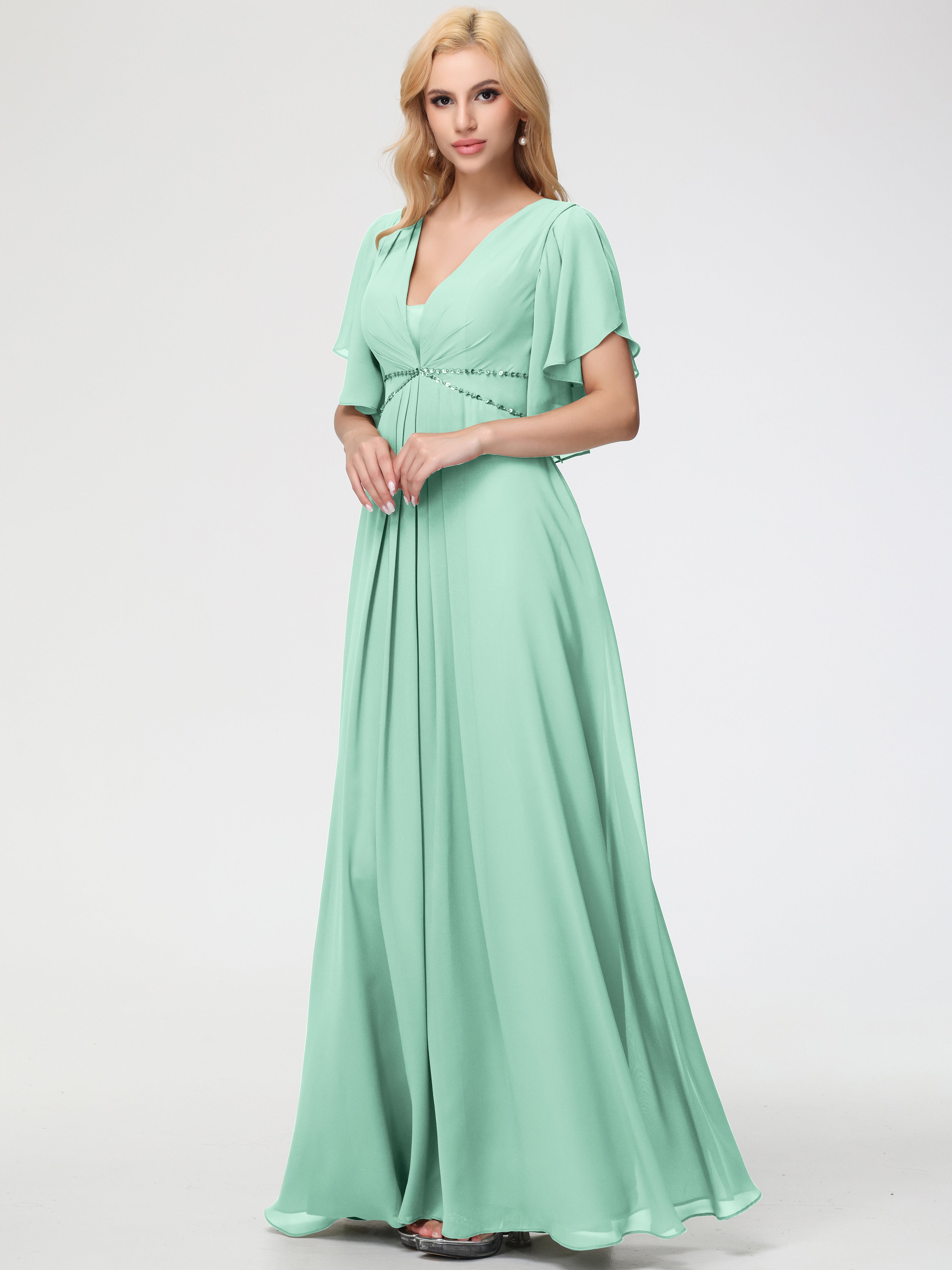 Robe Demoiselle D Honneur Vert Menthe Col V Manches À Volants Fourreau/Colonne Mousseline Robe Demoiselle D'Honneur