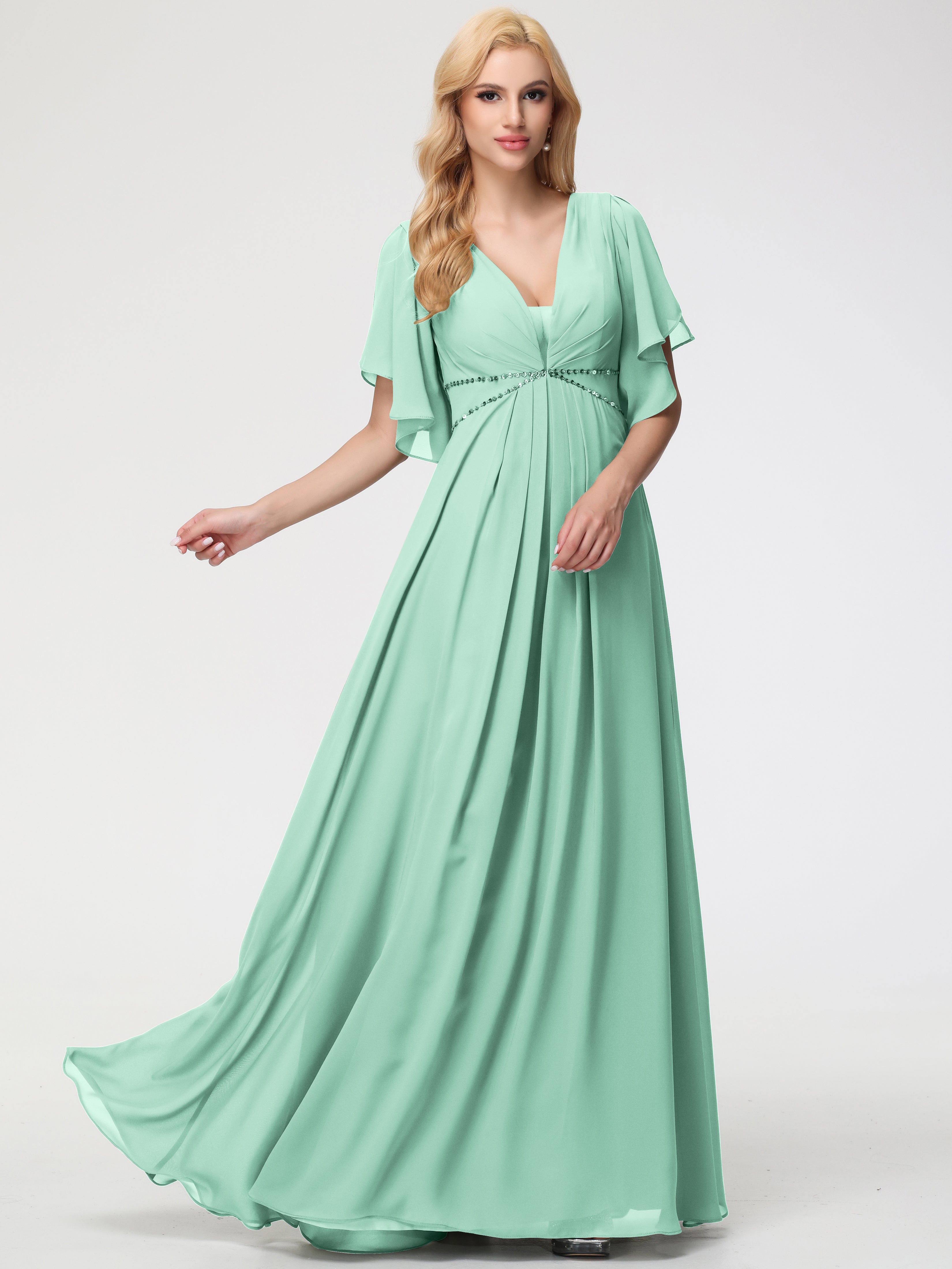 Robe Demoiselle D Honneur Vert Menthe Col V Manches À Volants Fourreau/Colonne Mousseline Robe Demoiselle D'Honneur