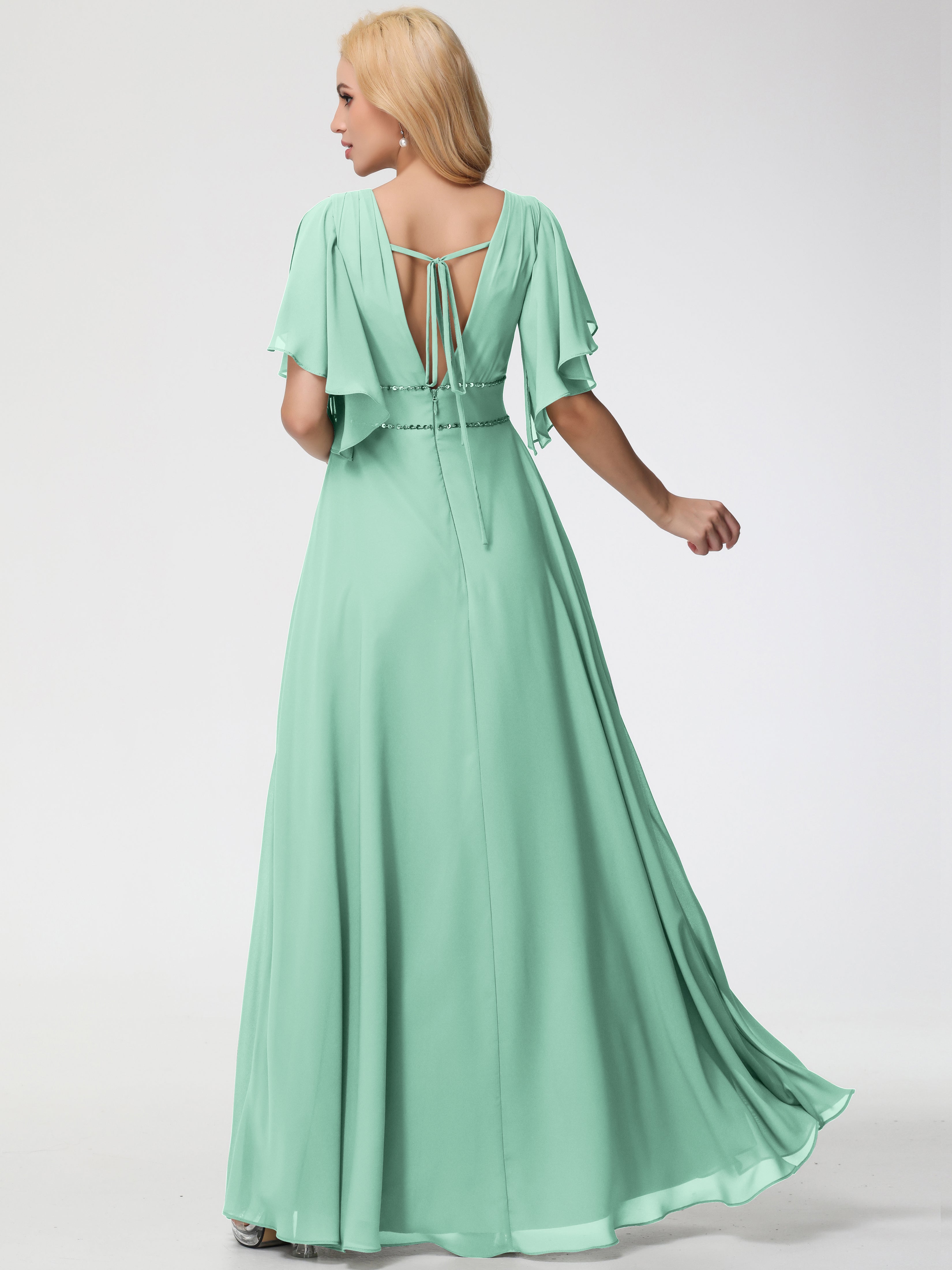 Robe Demoiselle D Honneur Vert Menthe Col V Manches À Volants Fourreau/Colonne Mousseline Robe Demoiselle D'Honneur